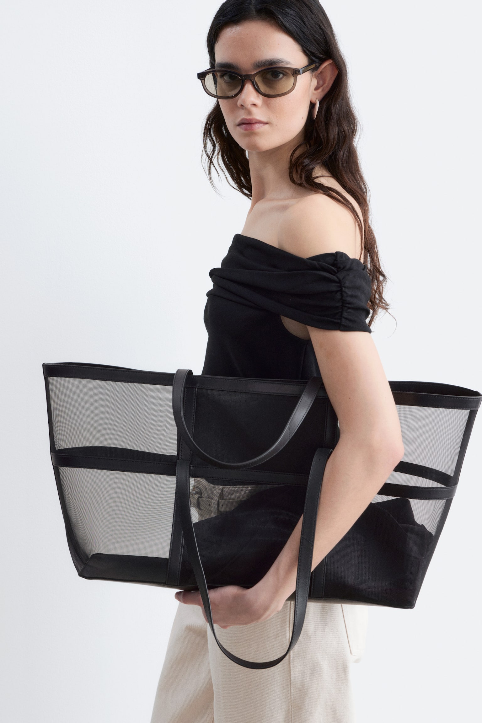 Leather Detail Mesh Tote - Black - 1