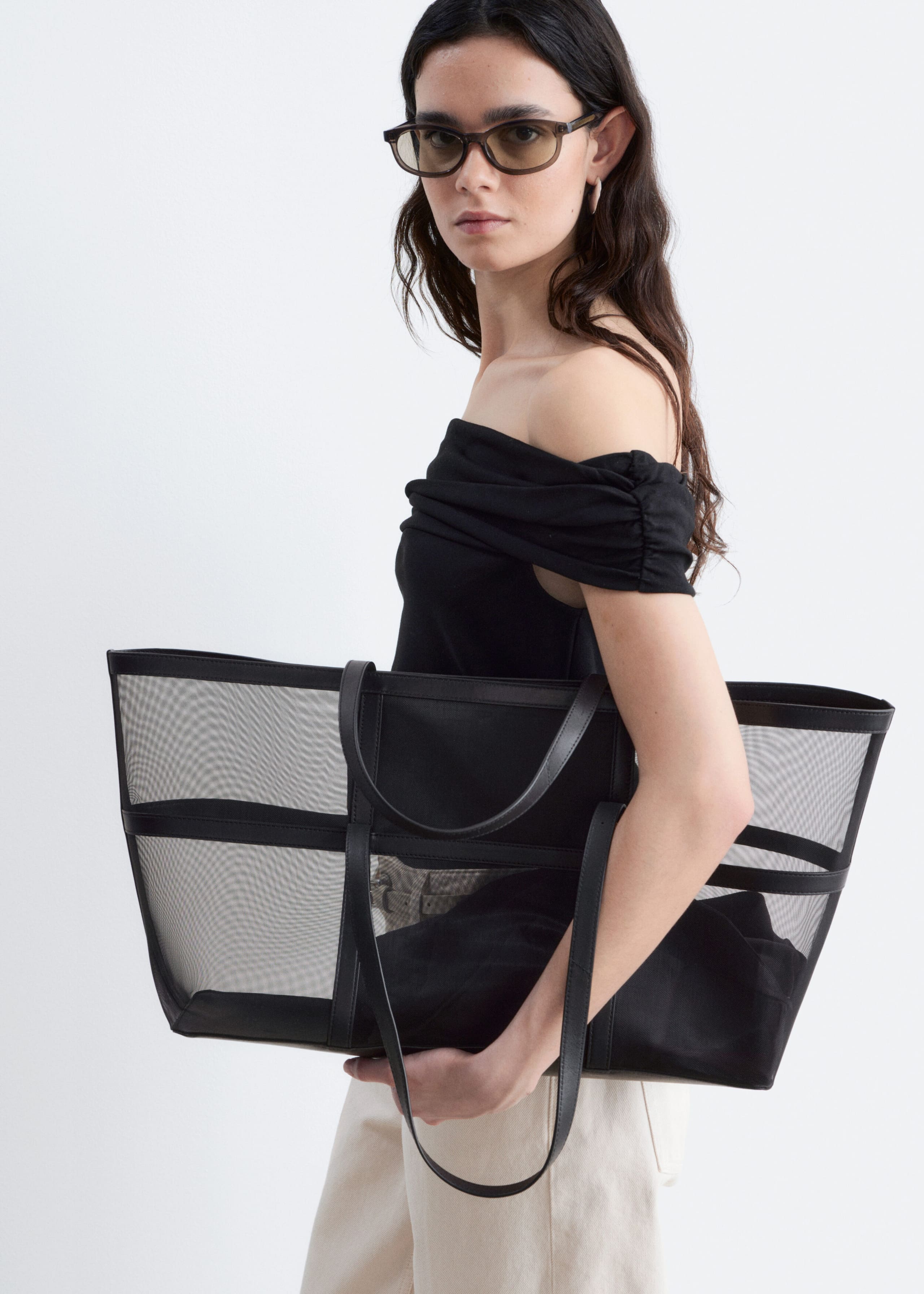 Leather Detail Mesh Tote - Black - Still Life
