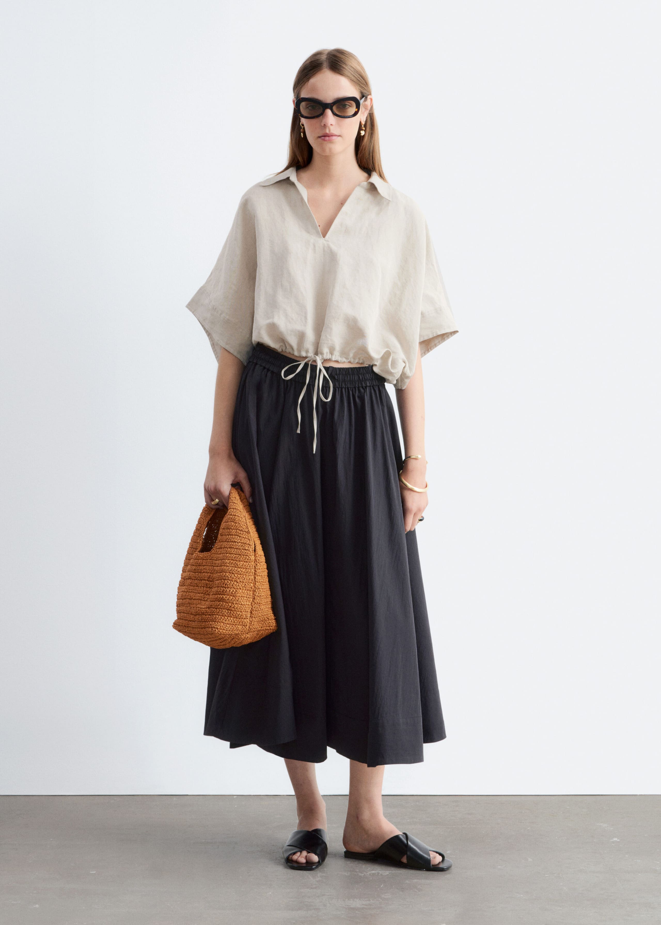 Drawstring Cropped Top - Beige - Lookbook