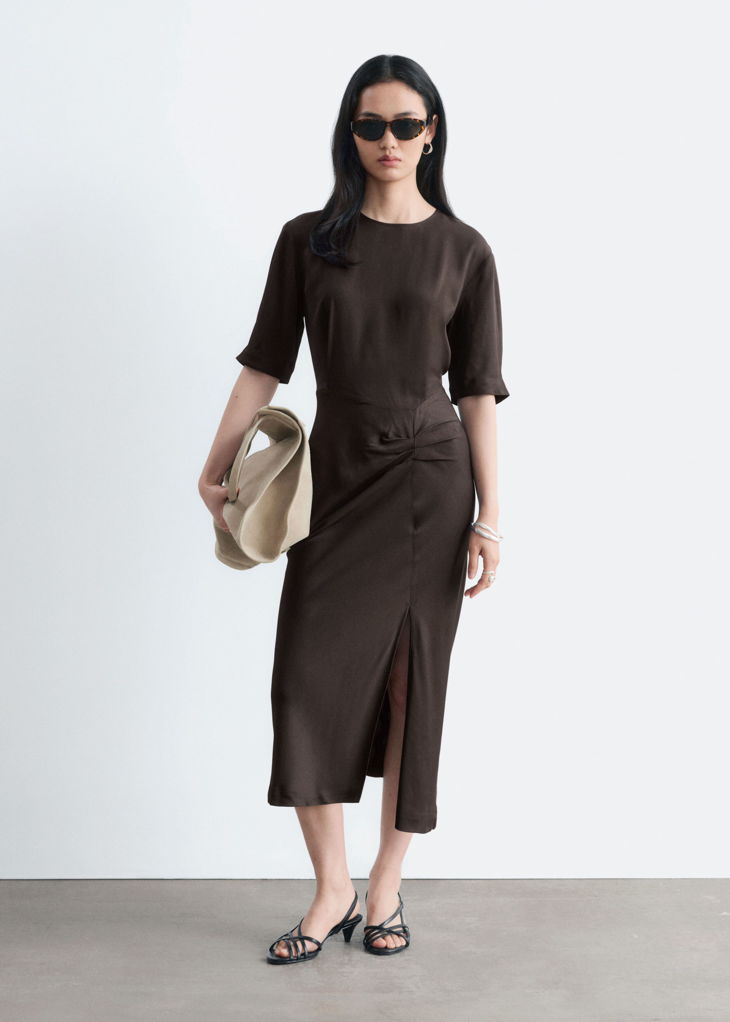 Pleat-Detail Midi Dress - Dark Brown - Lookbook