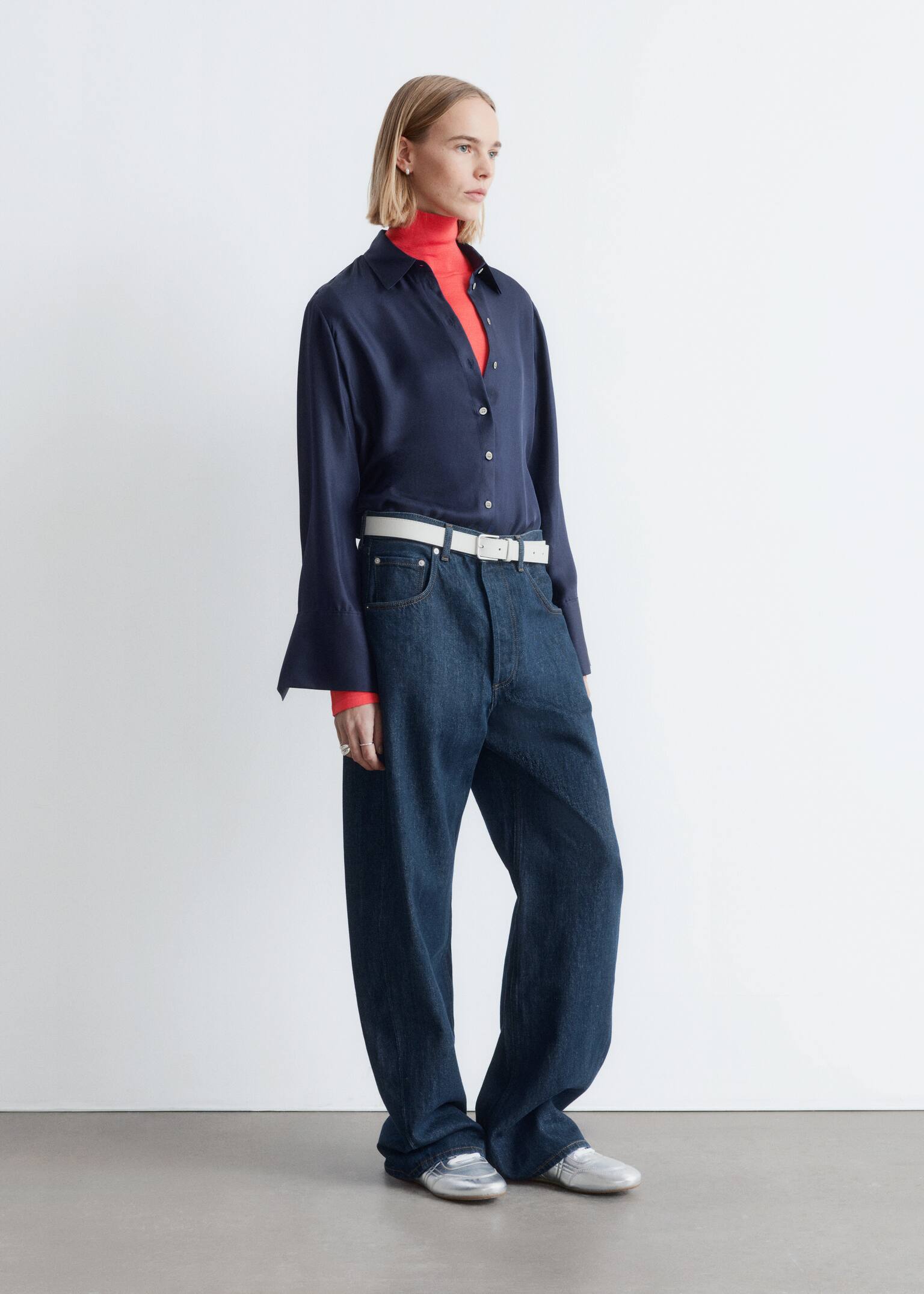 Chemise décontractée en soie - Bleu foncé/Brun/Pois blancs - 7