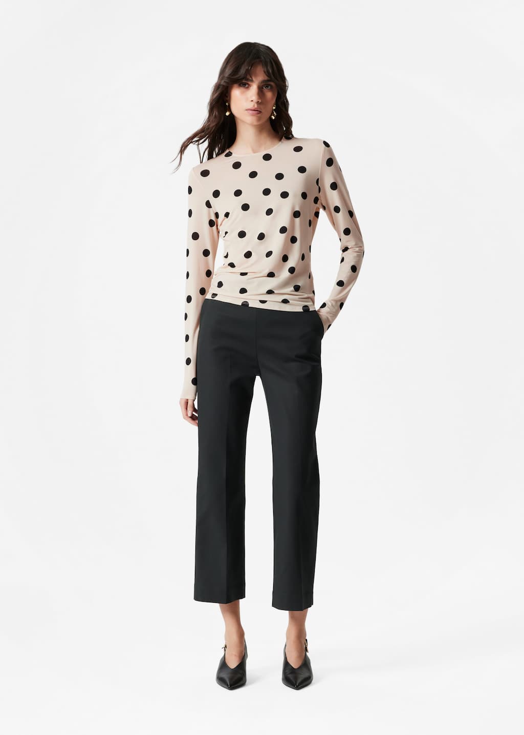 Haut en jersey à manches longues - Beige à pois - Lookbook