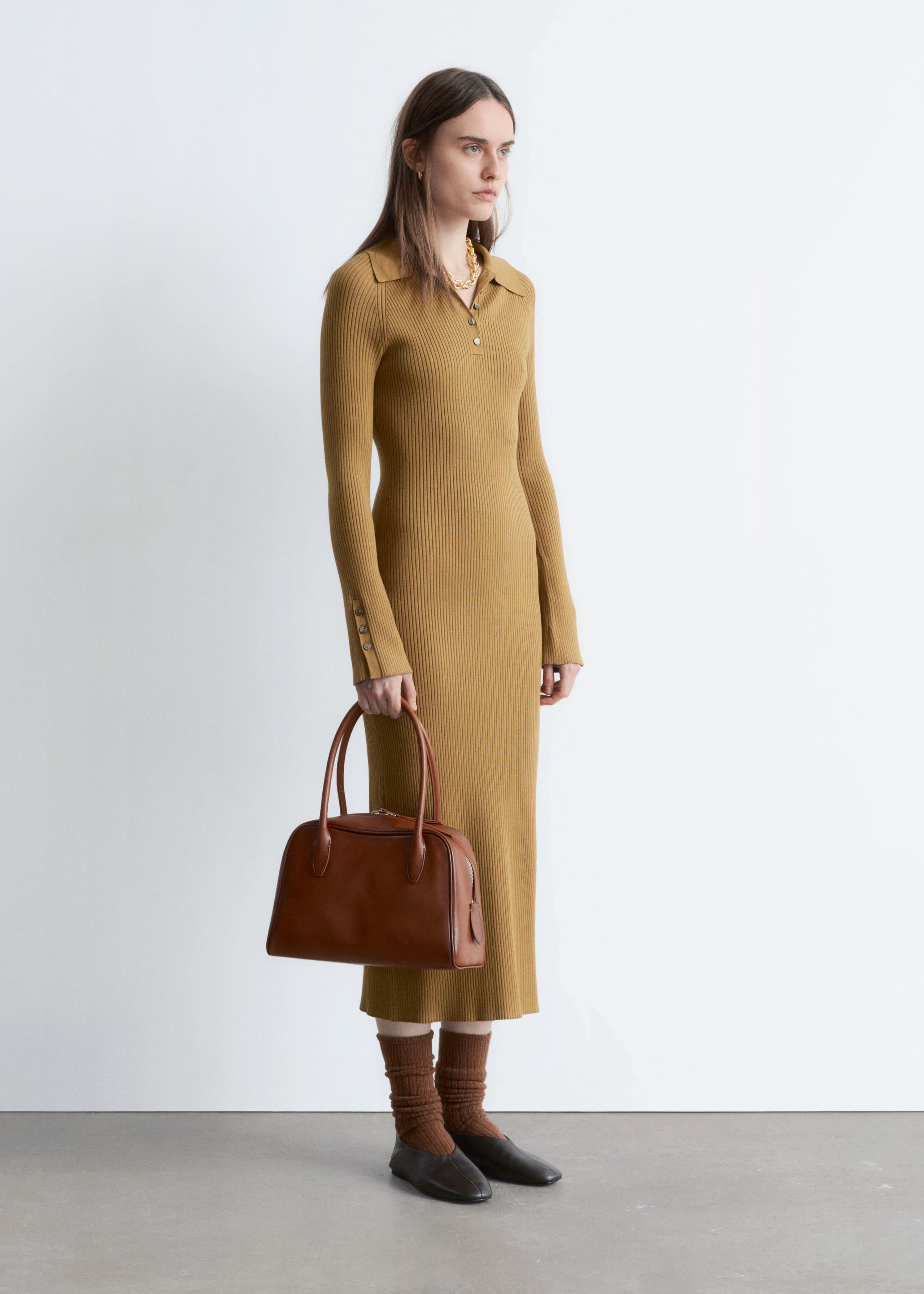 Image of Rib-Knit Polo Midi Dress