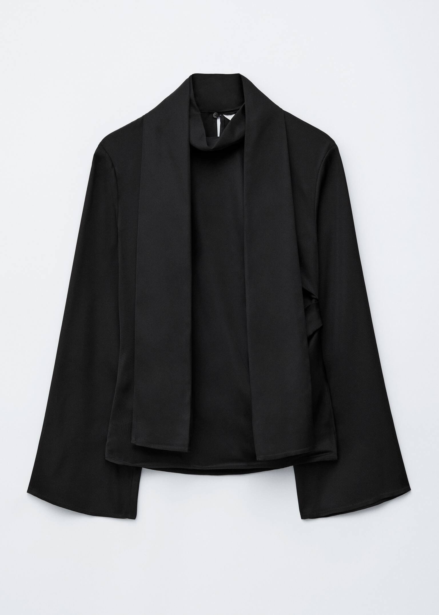 Scarf-Detail Satin Blouse - Black/Beige - 2