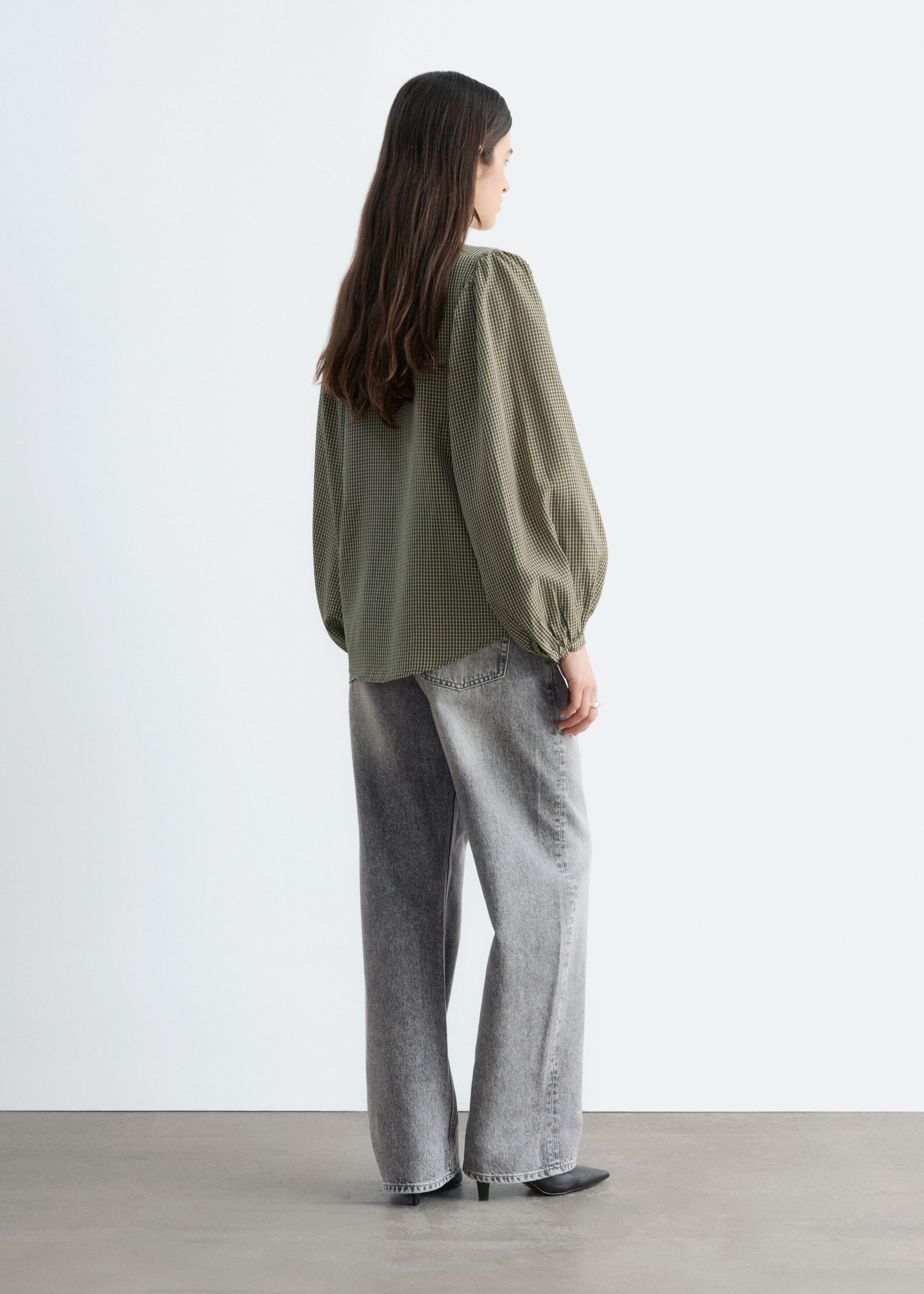 Gathered Cotton Blouse - Grey/Green/Checked - Lookbook