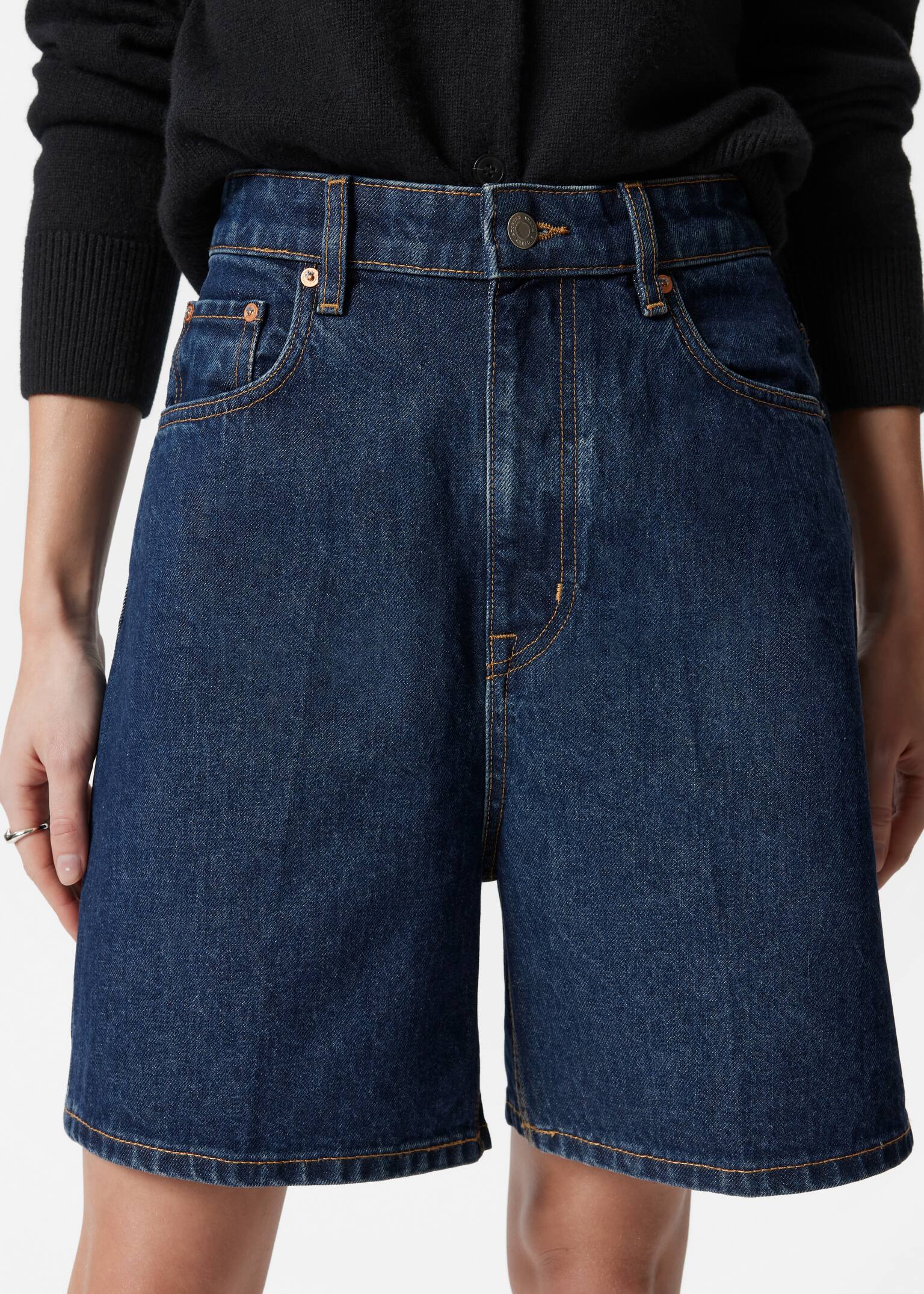 Pantaloni scurți denim cu crac larg - Albastru Mediu/Bej/Negru - 3