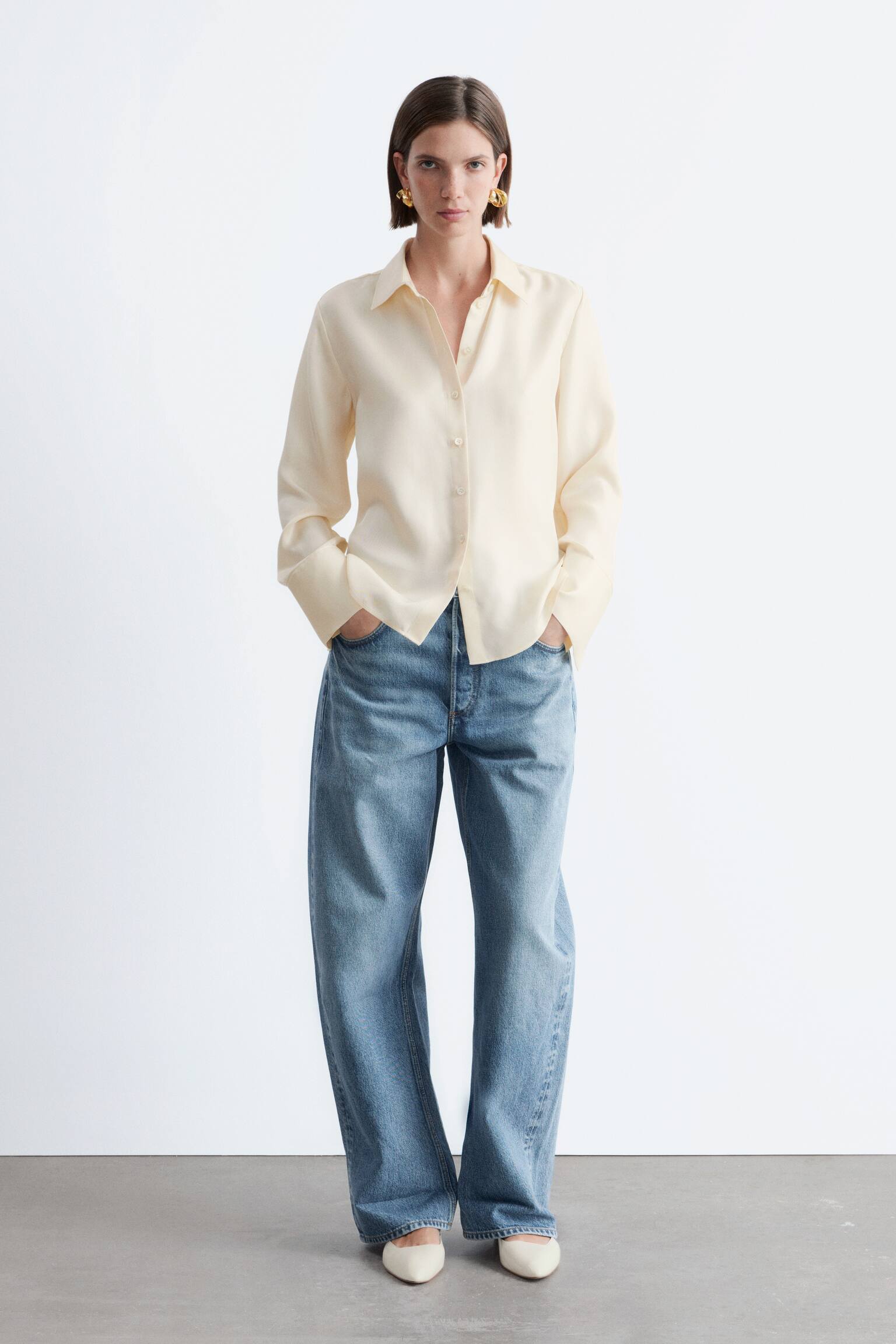 Ruimvallend zijden overhemd - Crème/Donkerblauw - 4