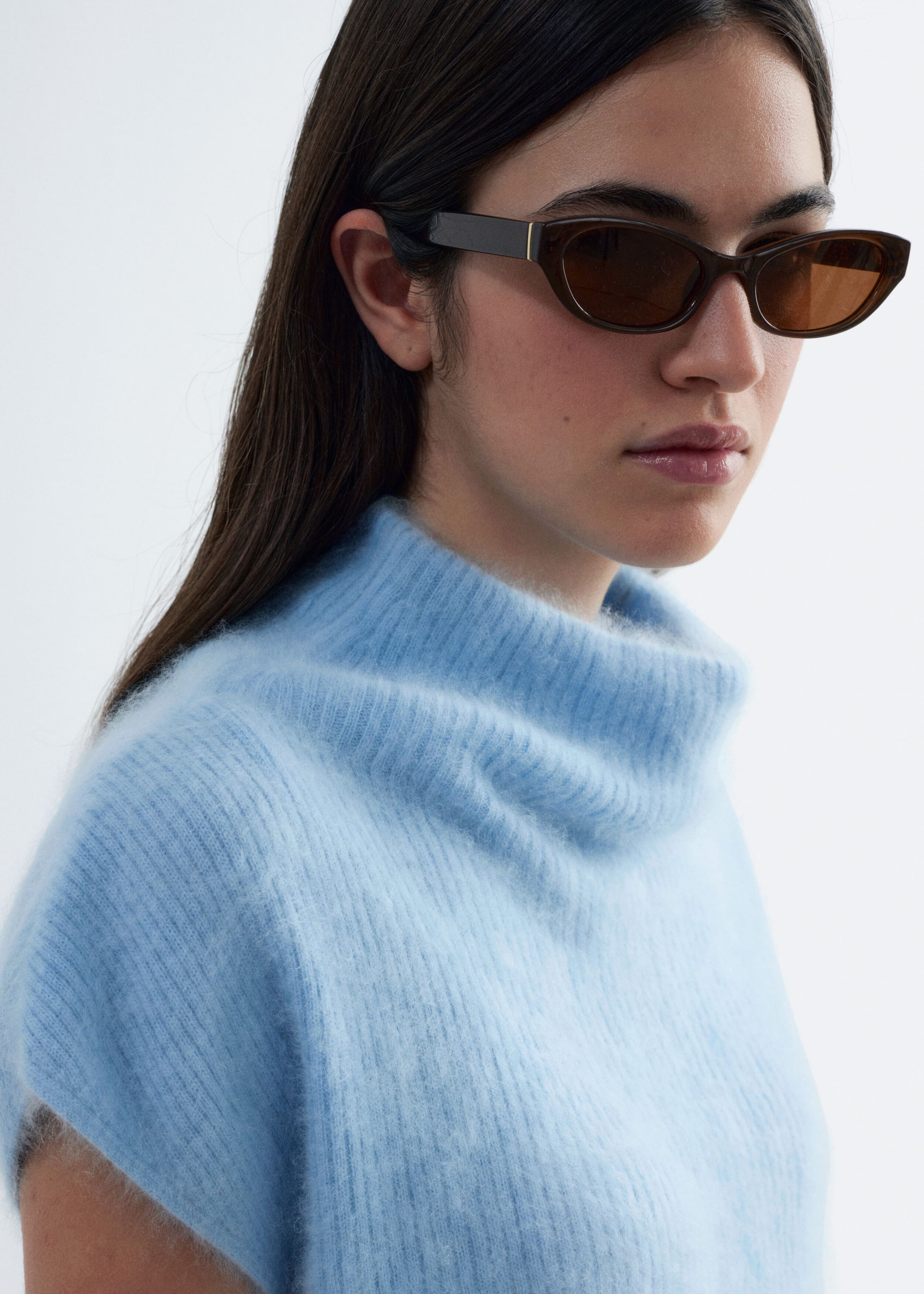 Cashmere Rib Mock Neck Top - Light Blue - Lookbook