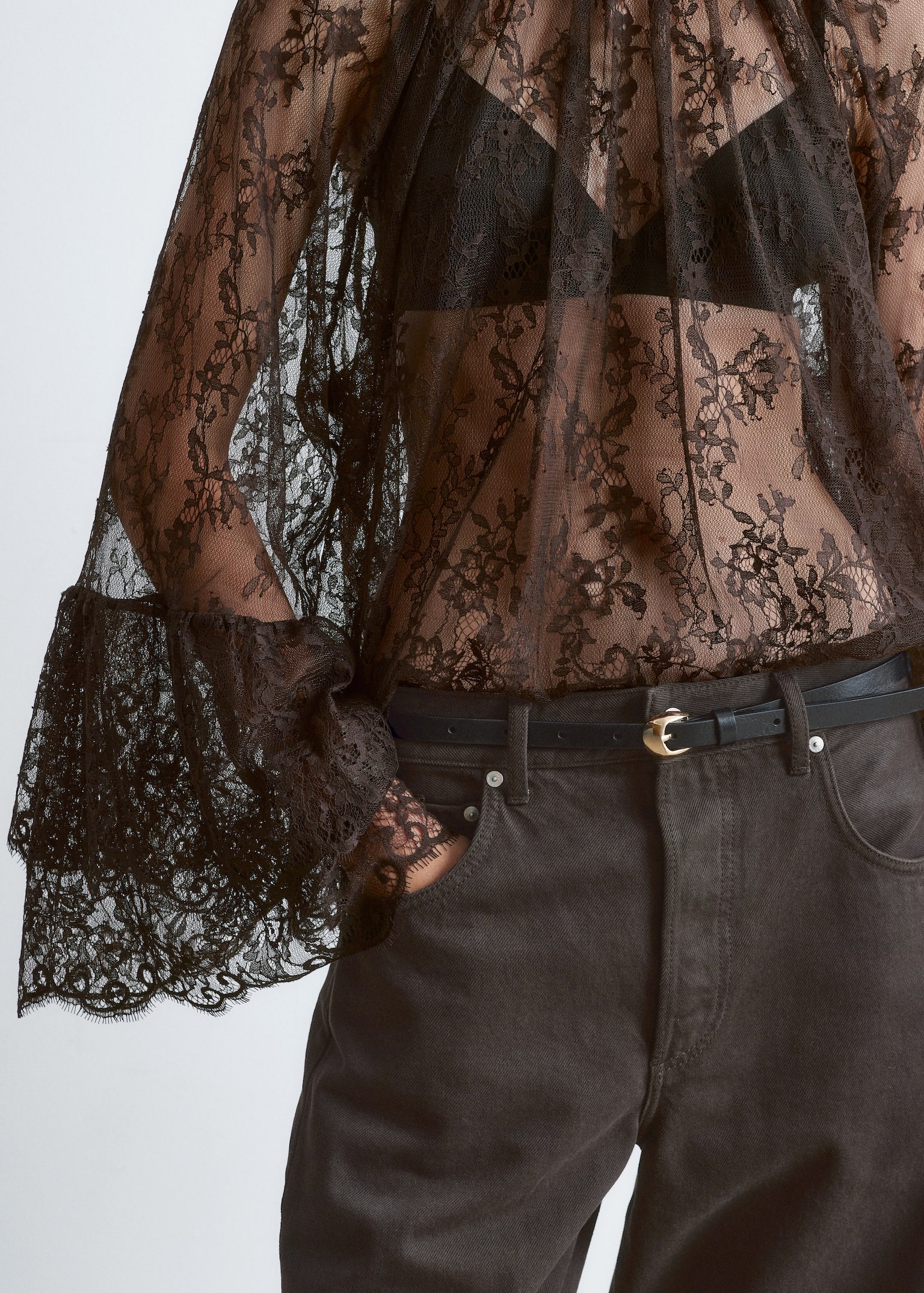 Flounced Lace Blouse - Dark Brown - 4