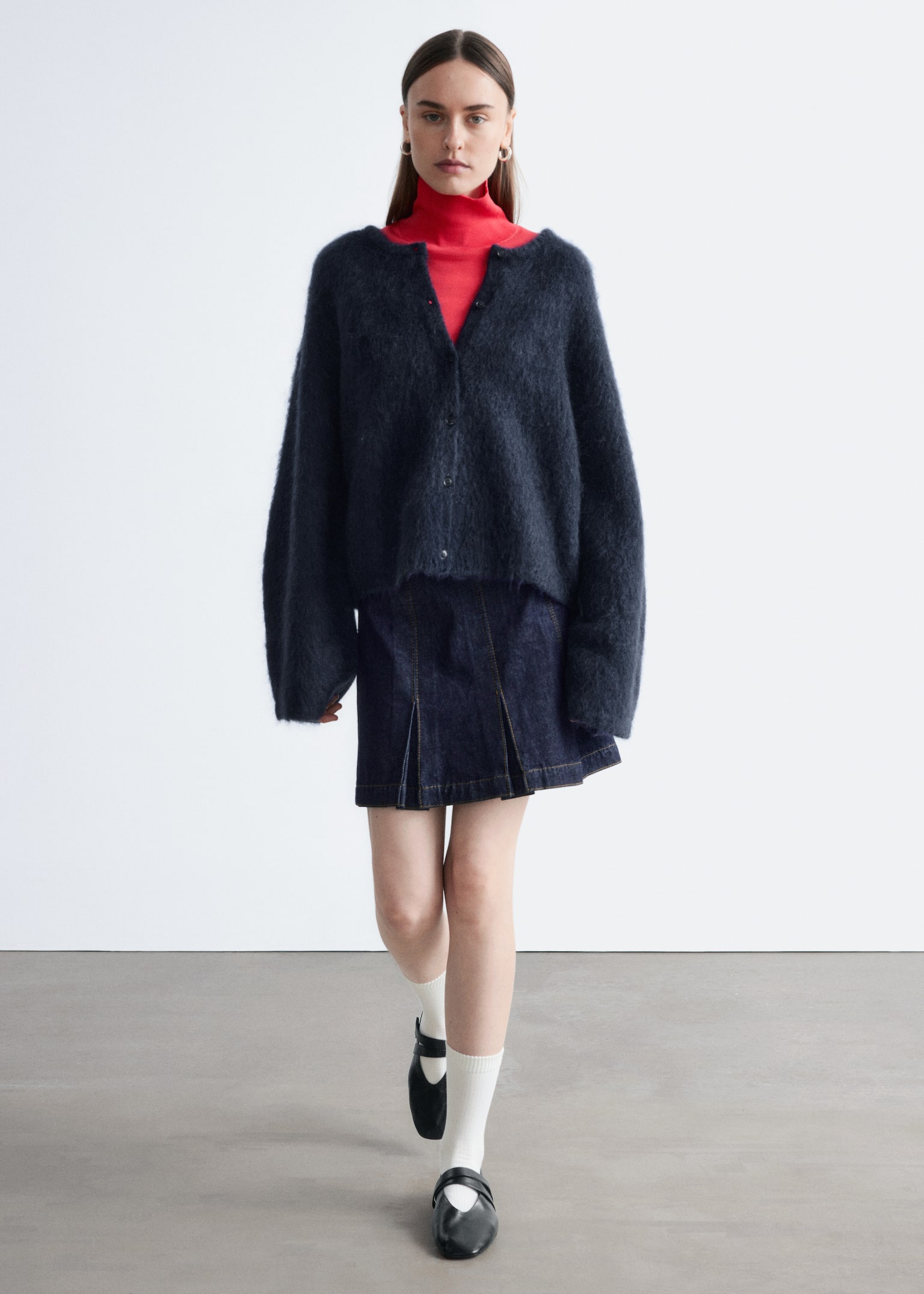 Cardigan i børstet mohairblend - Marineblå/Knaldrød/Lysegrå - 7