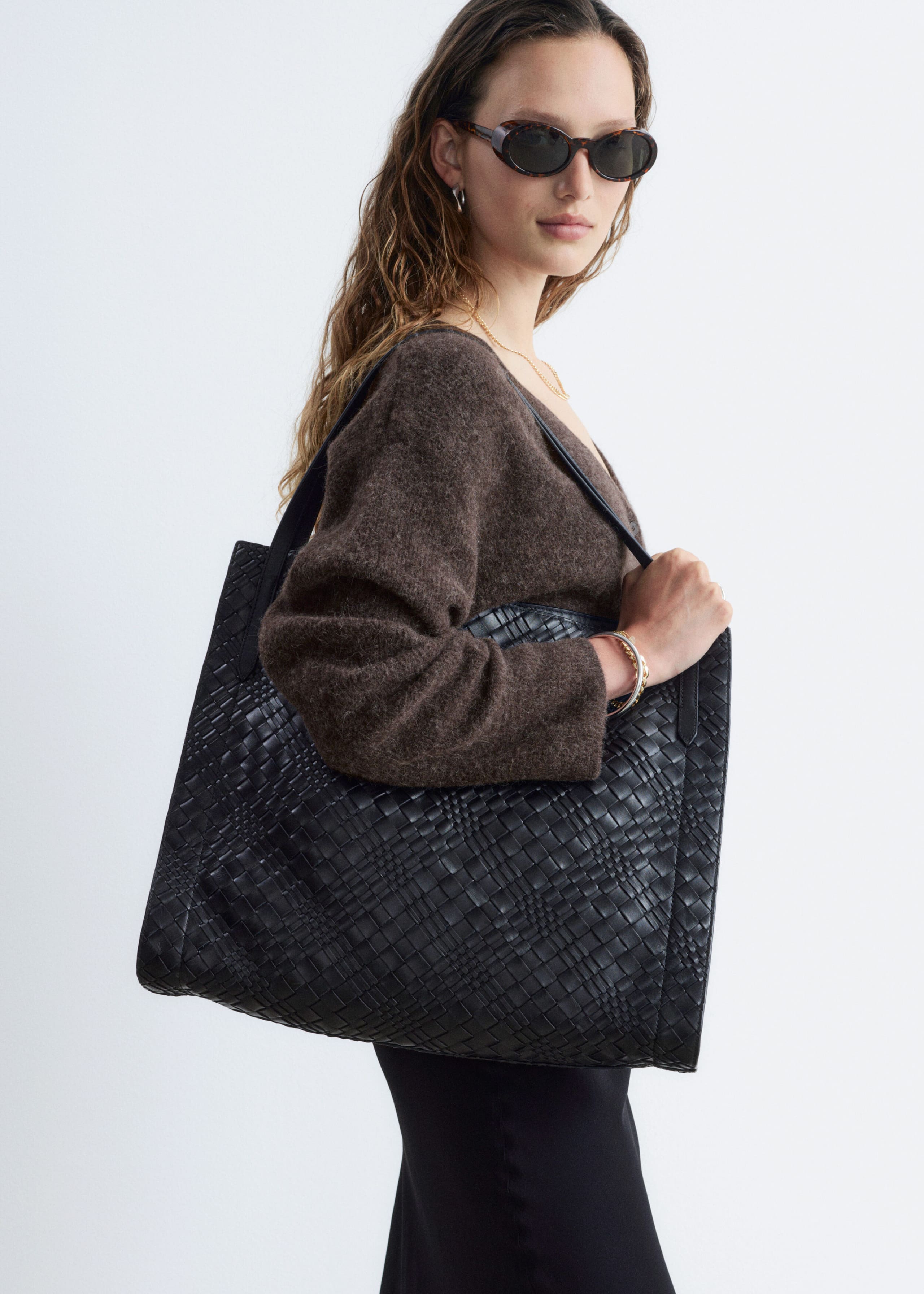 Open Braided Leather Tote - Black - Lookbook