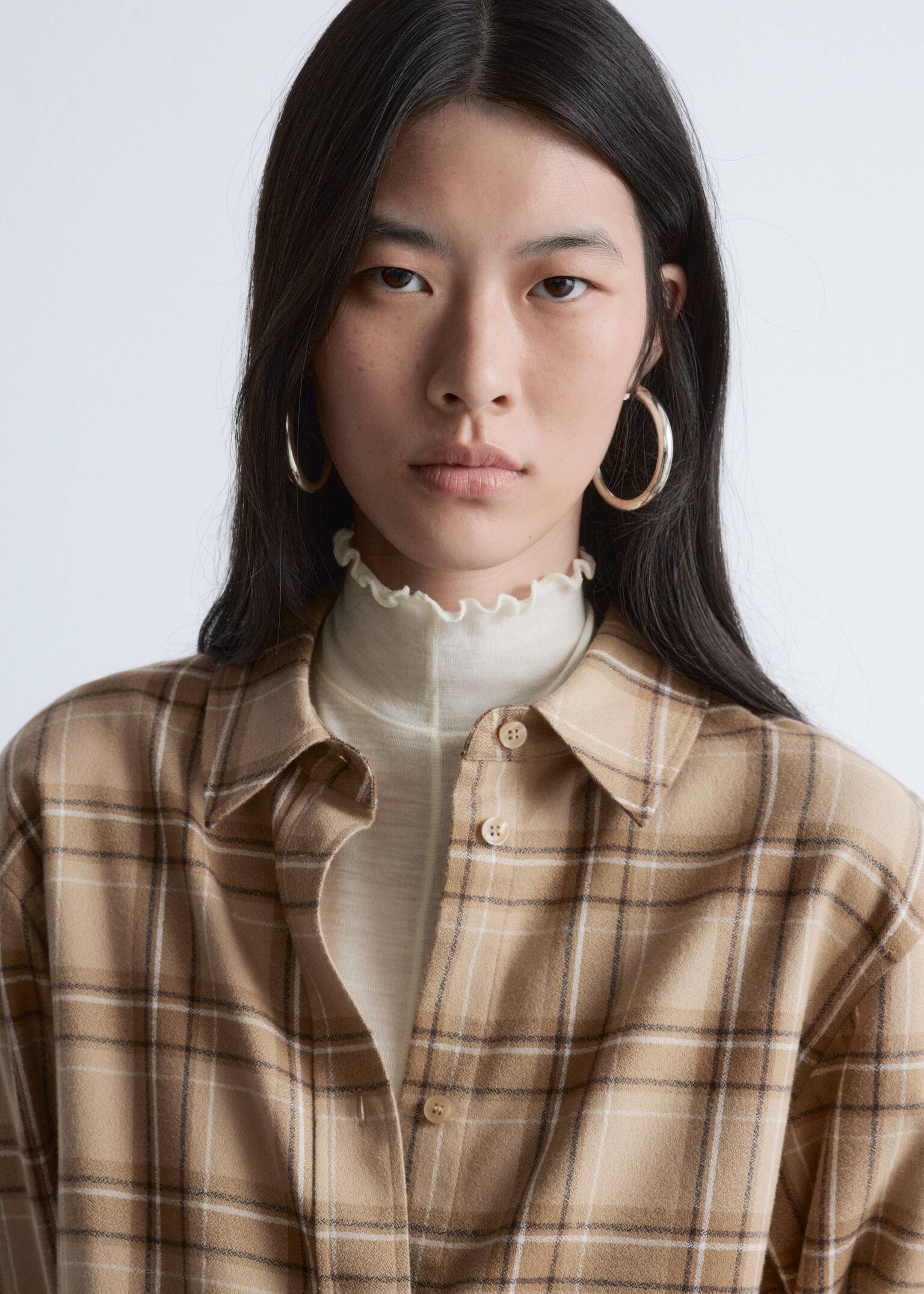 Oversized košeľa - Béžová kockovaná - 4