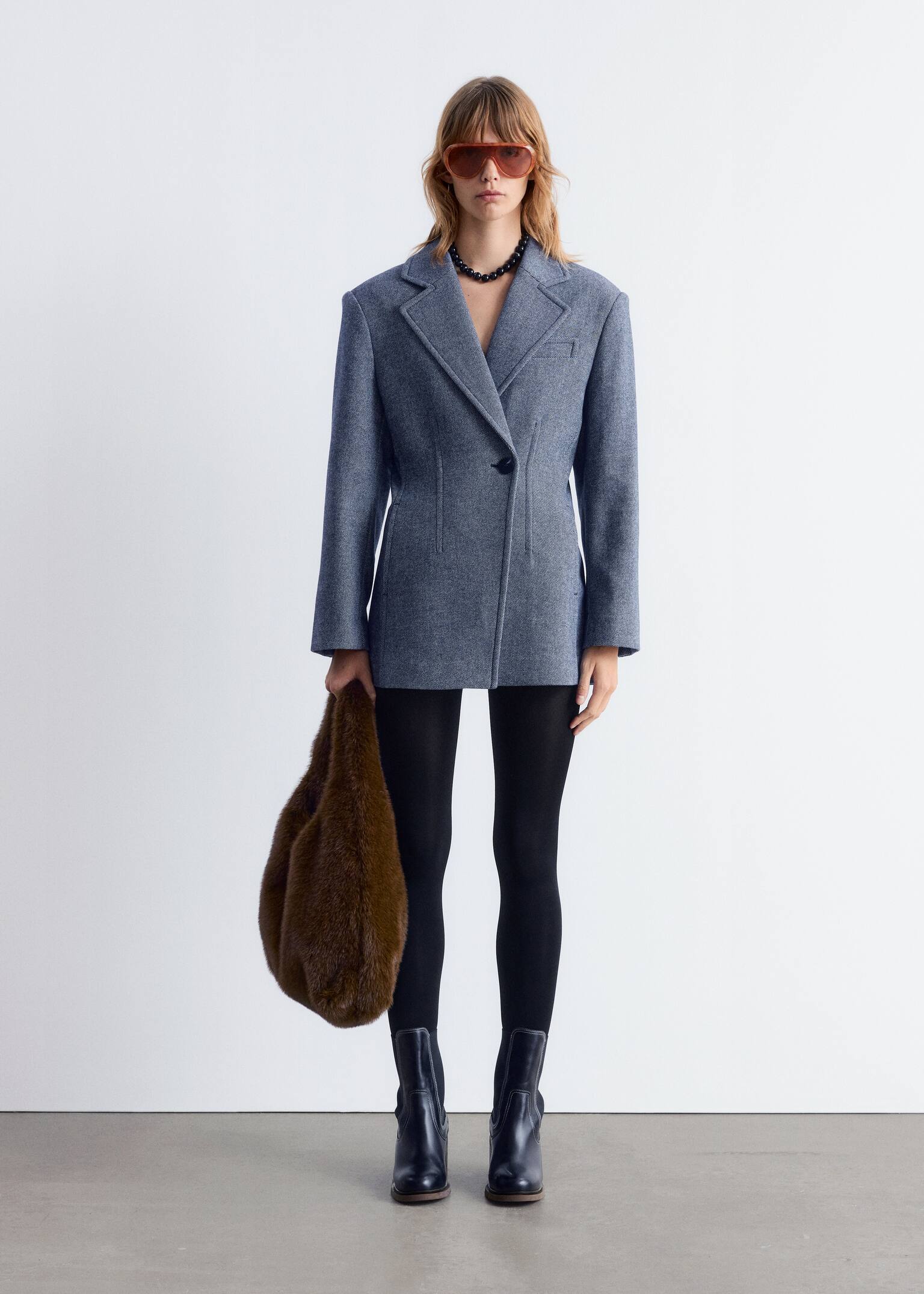 Fitted Shoulder-Pad Blazer - Dusty Blue - 6