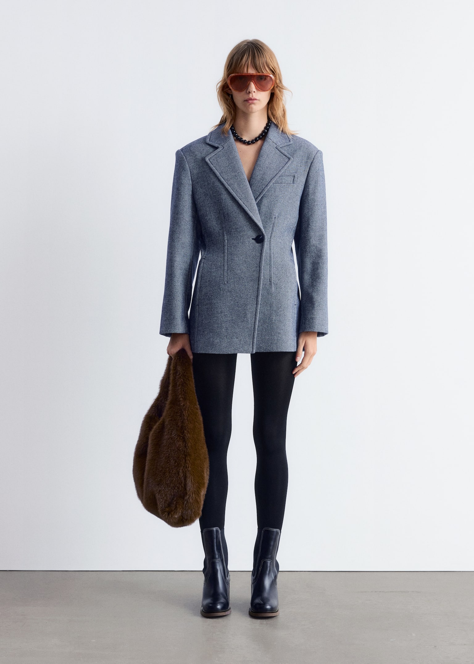 Fitted Shoulder-Pad Blazer - Dusty Blue - 3