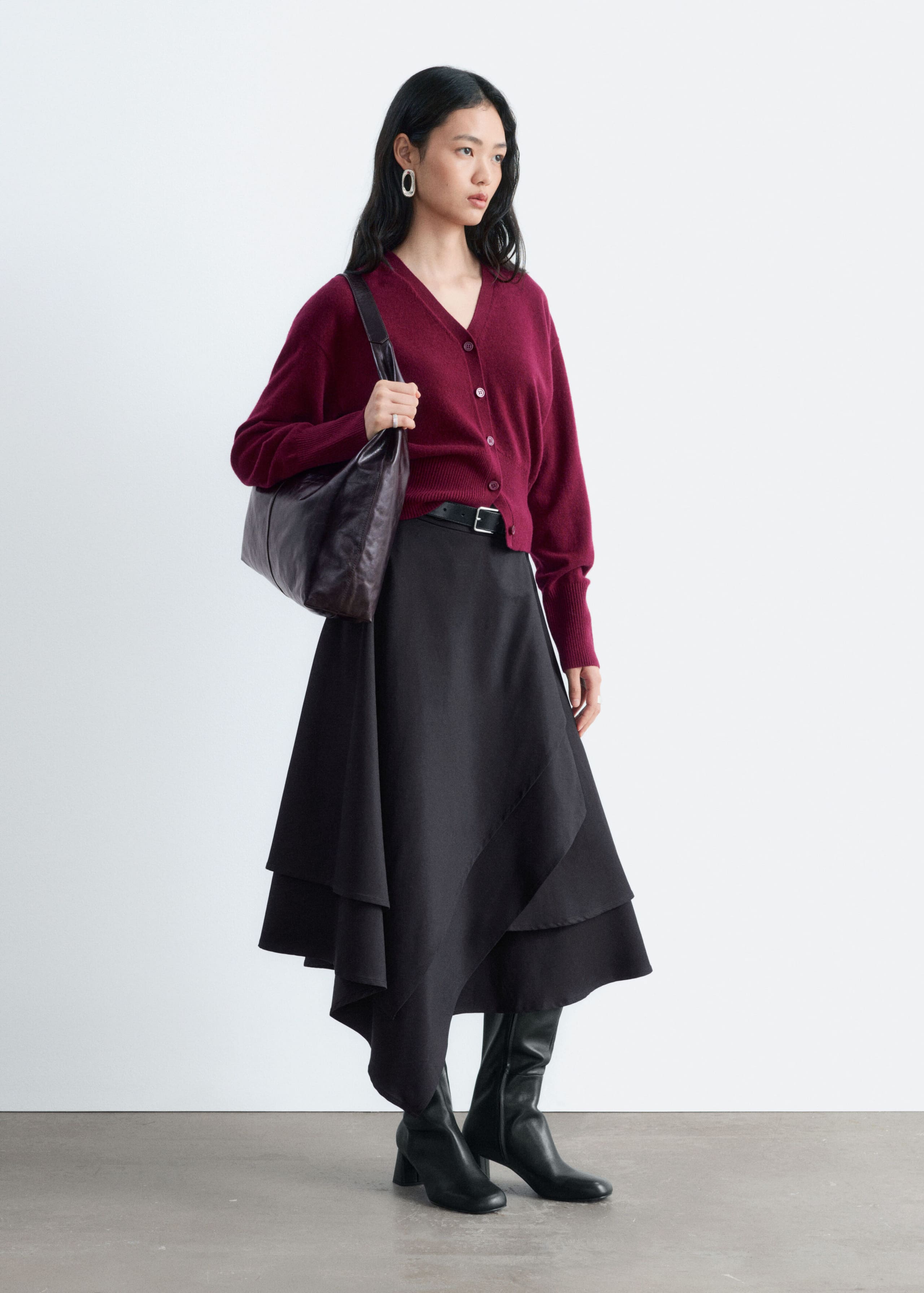 Wool Corset Rib Cardigan - Burgundy - Lookbook