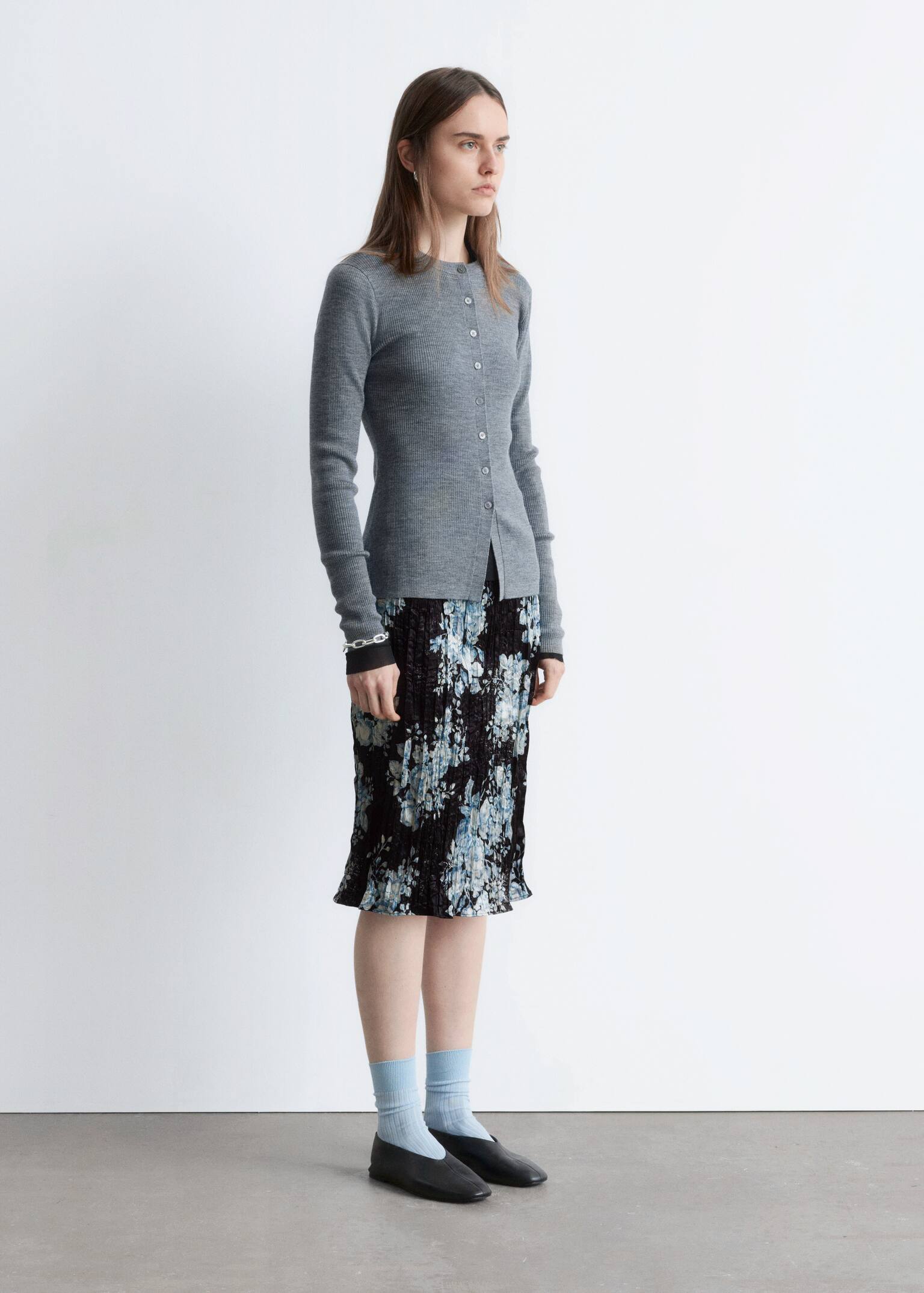 Rib-Knit Merino Wool Cardigan - Grey Melange - 5