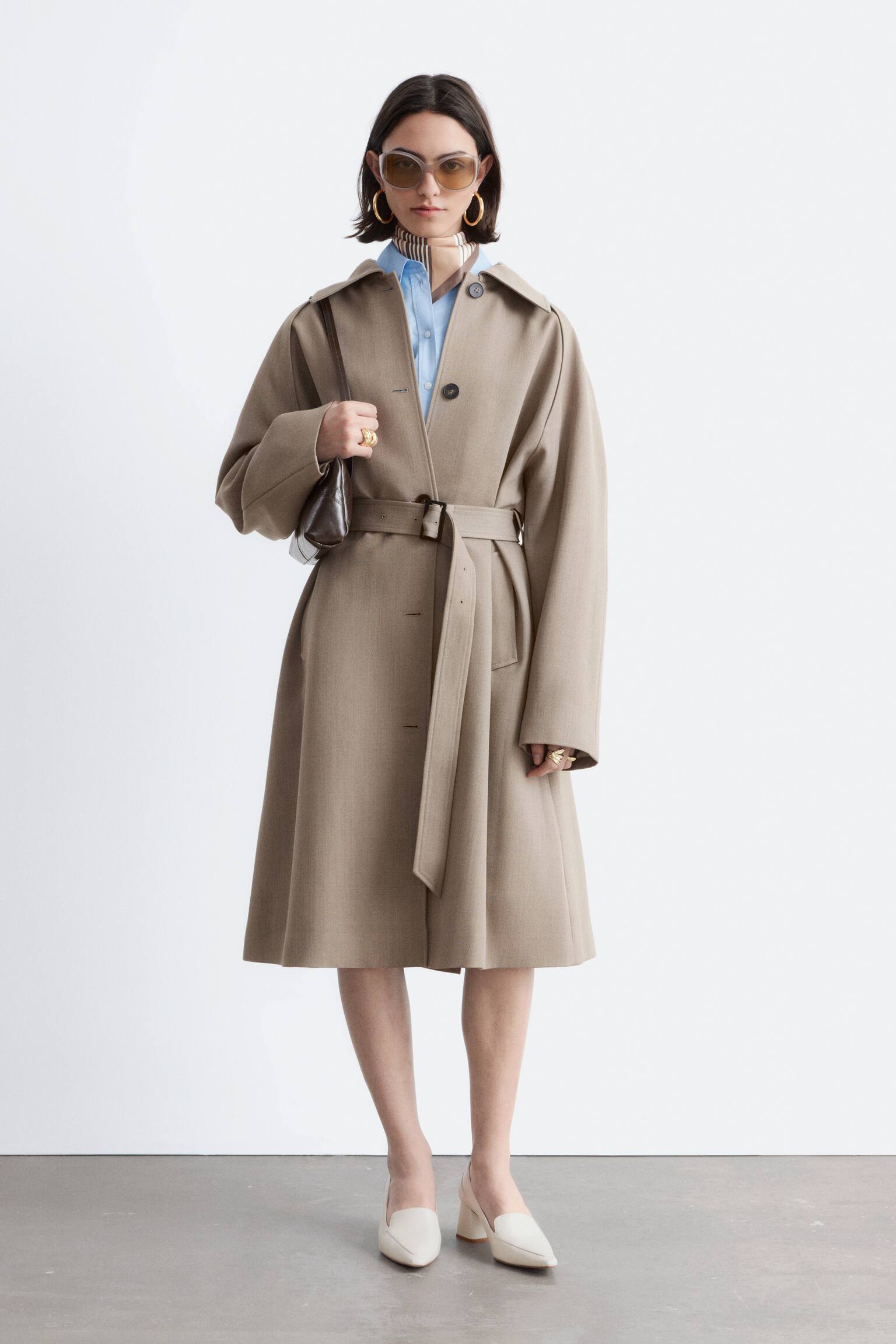 Trenchcoat van wol met strikceintuur - Taupe/Zwart - 1