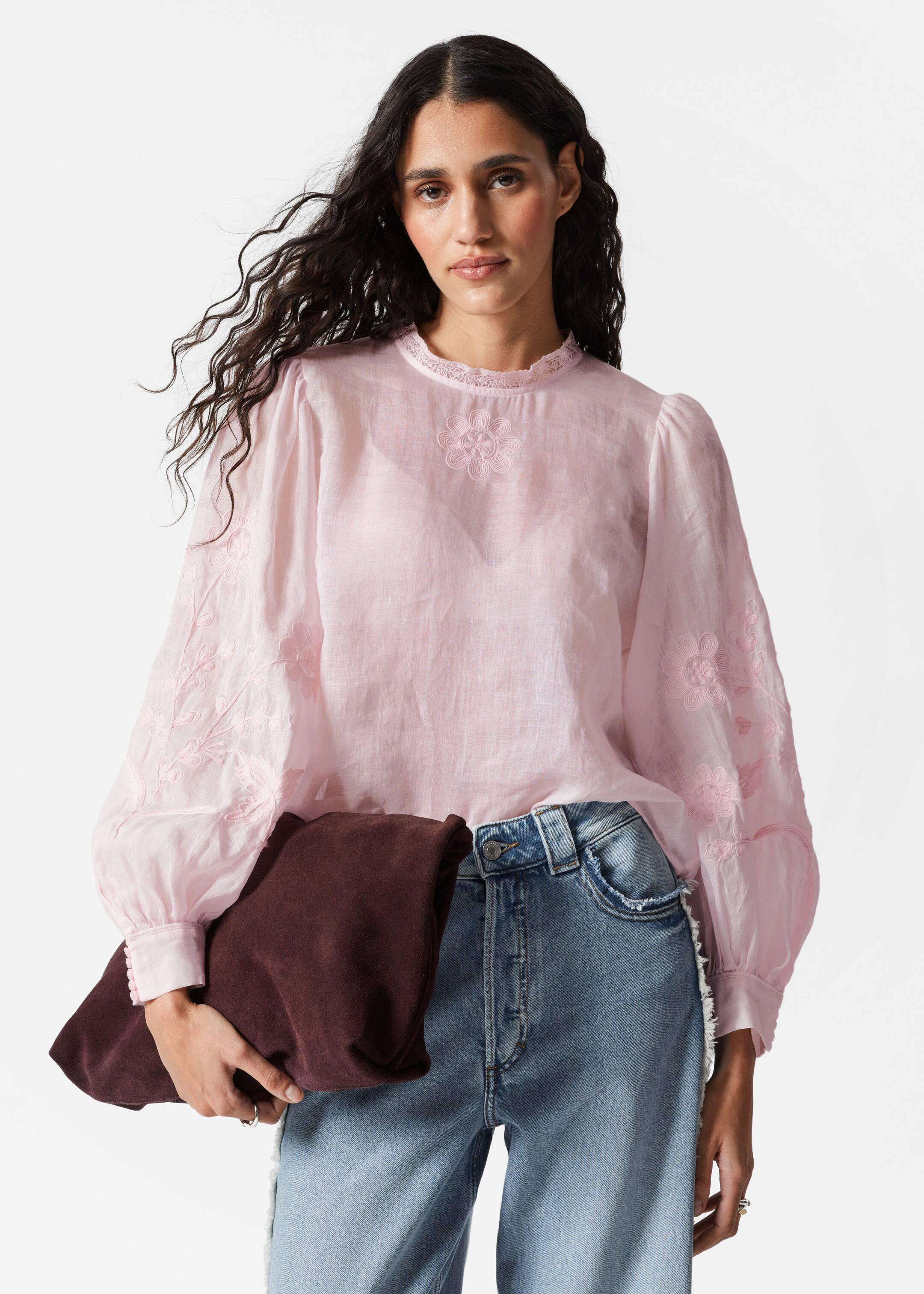 Zobrazit větší obrázek: Embroidered Ramie Blouse - Světle růžová - ŽENY | H&M CZ 1