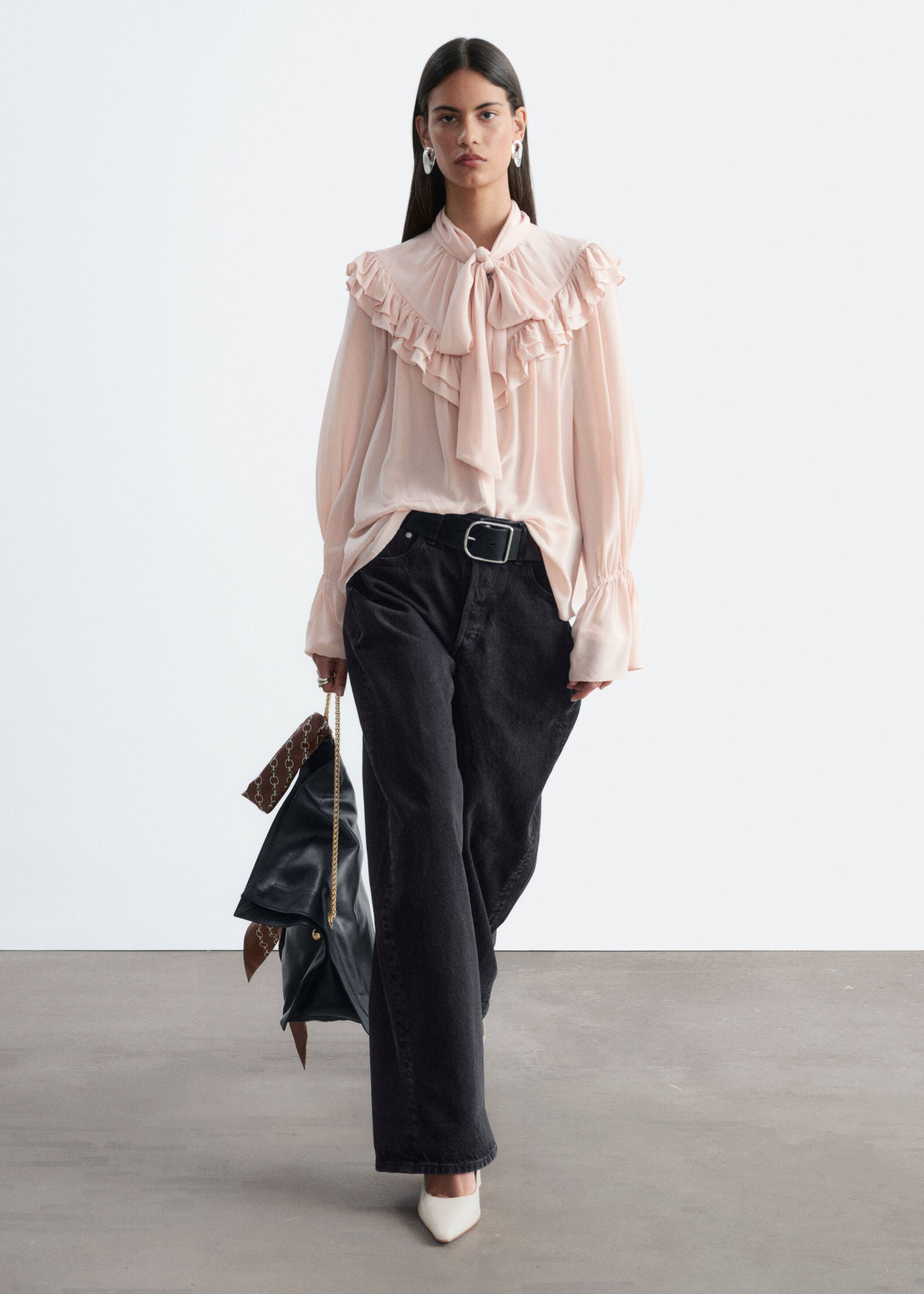 Frill-Detail Scarf Blouse - Beige - Lookbook