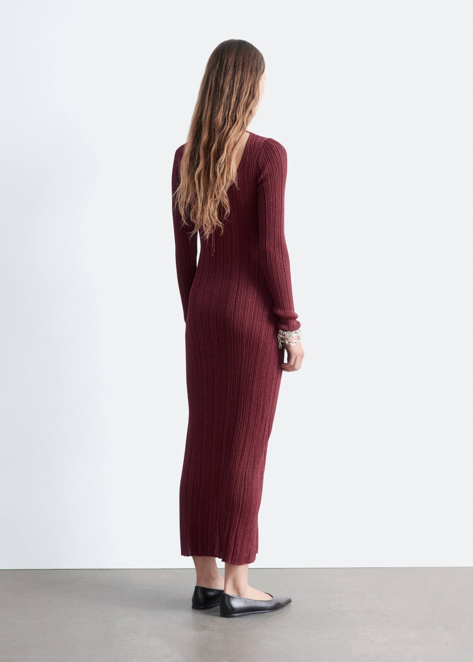 Long-Sleeve Rib-Knit Midi Dress - Dark Red - 7