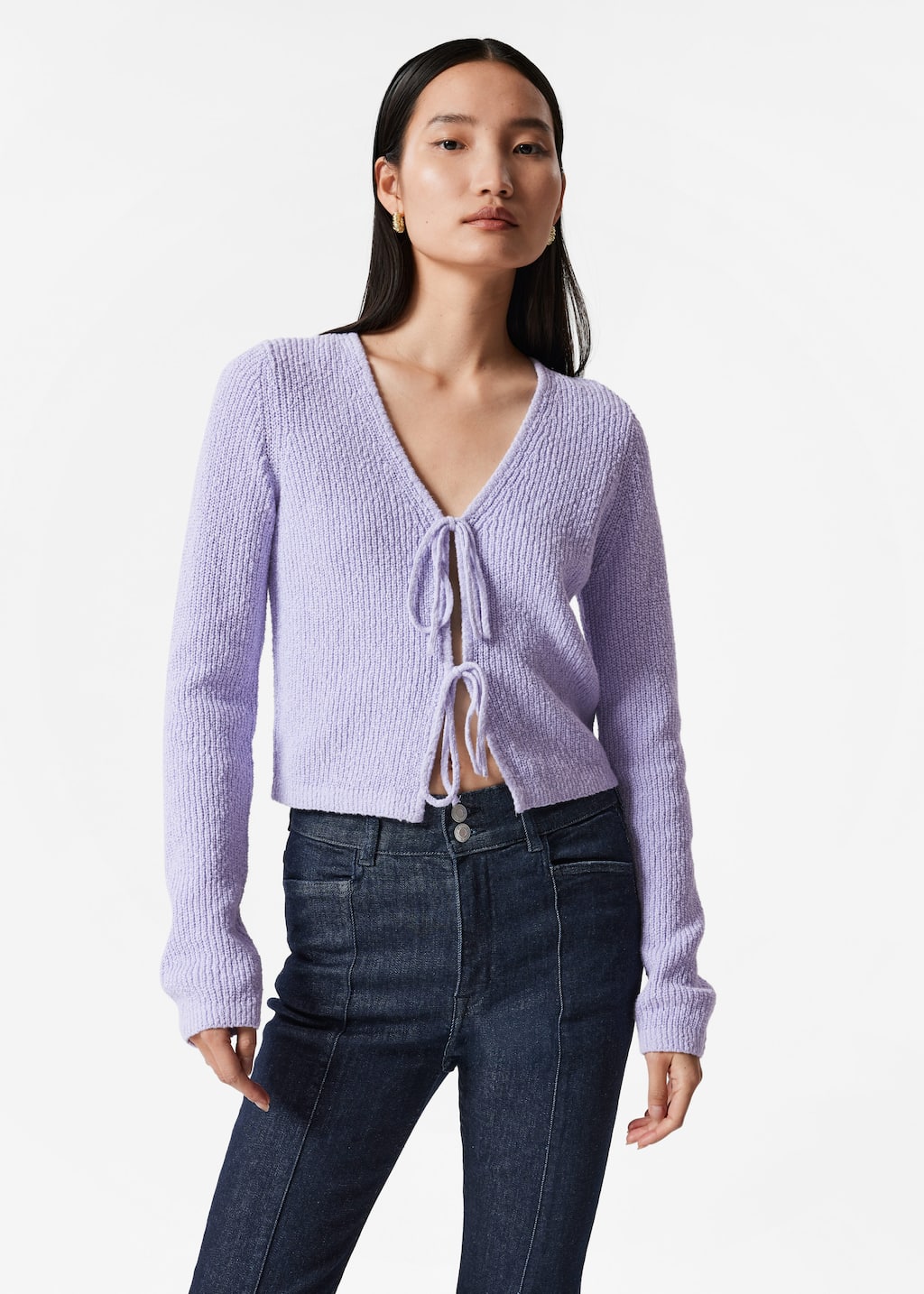 Knitted Tie-Detail Cardigan - White - Lookbook