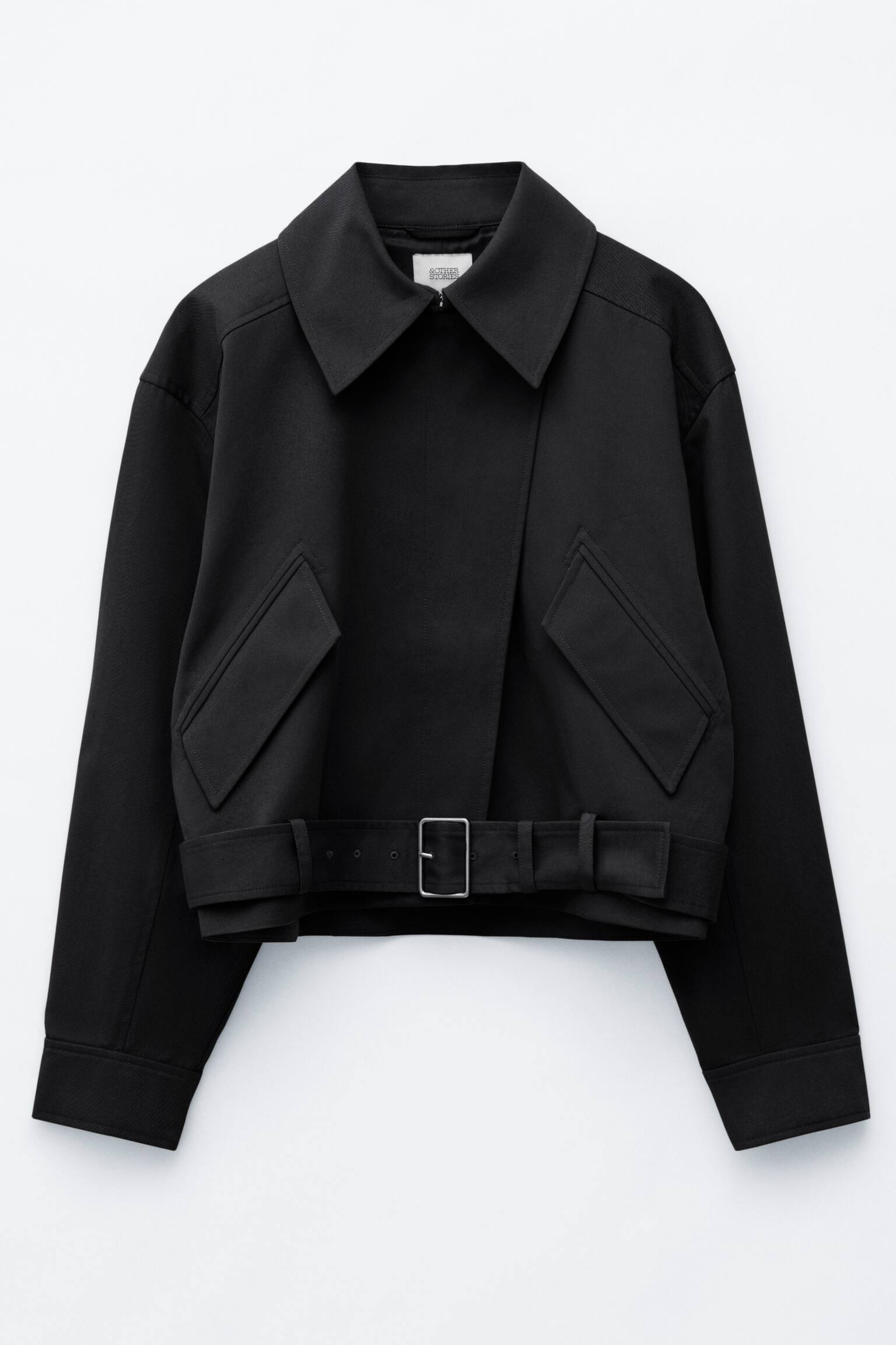 Belted Cotton Twill Jacket - שחור/באז' - 1