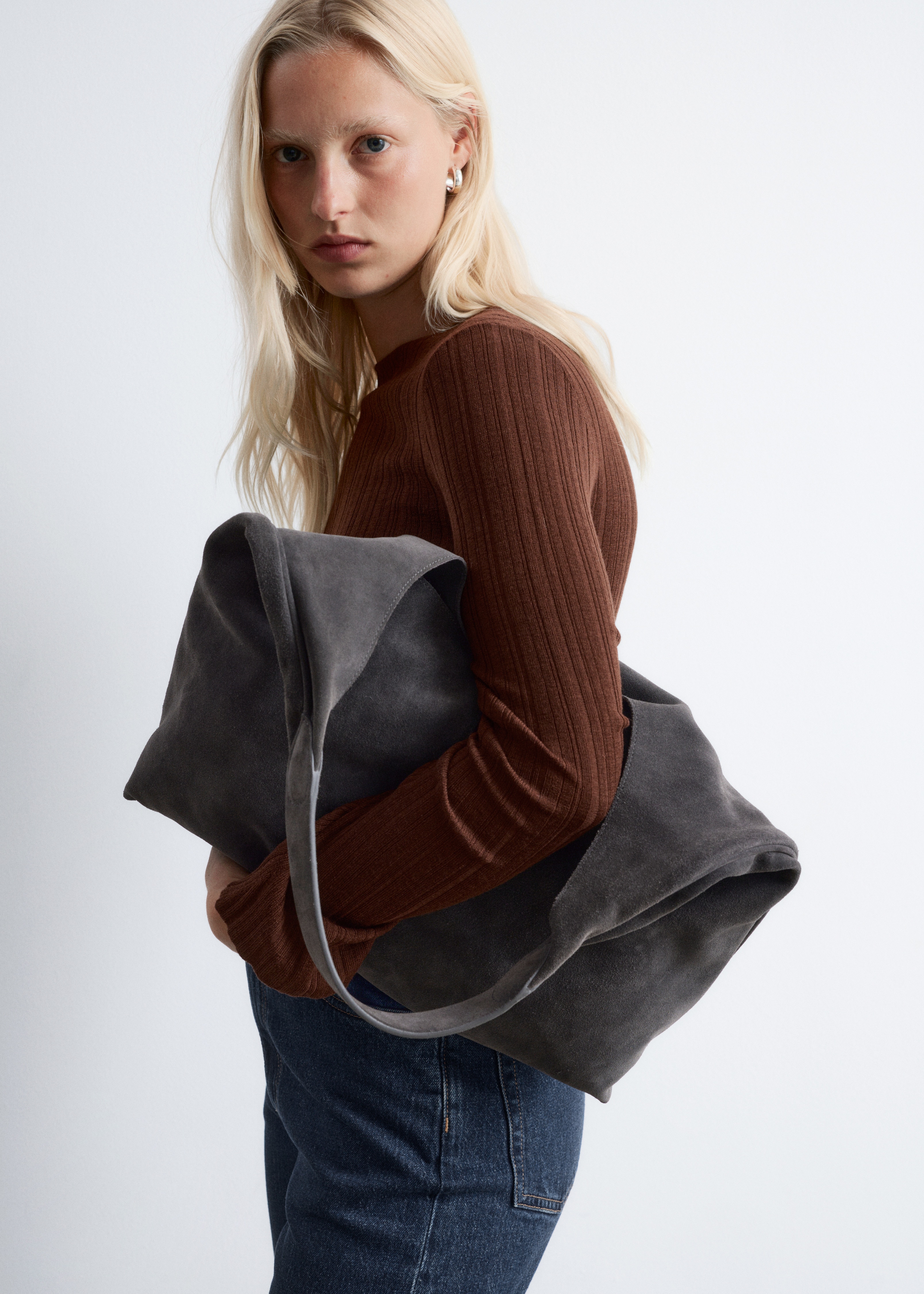 Large Suede Tote Bag - Tmavě šedá/Tmavě červená/Hnědá/rezavá/Green/Světle modrá