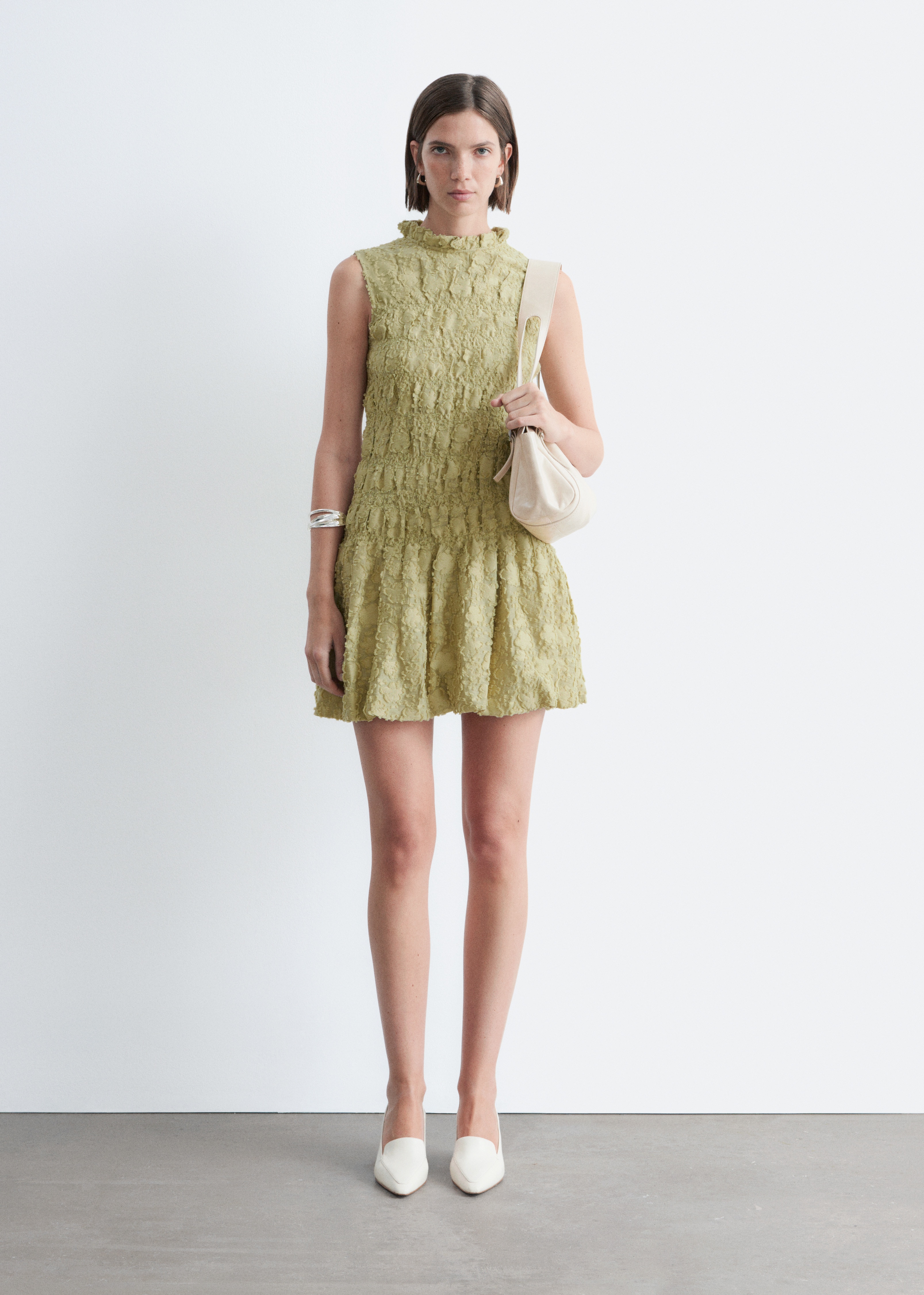 Mini abito con lavorazione smock - Giallo/Bianco