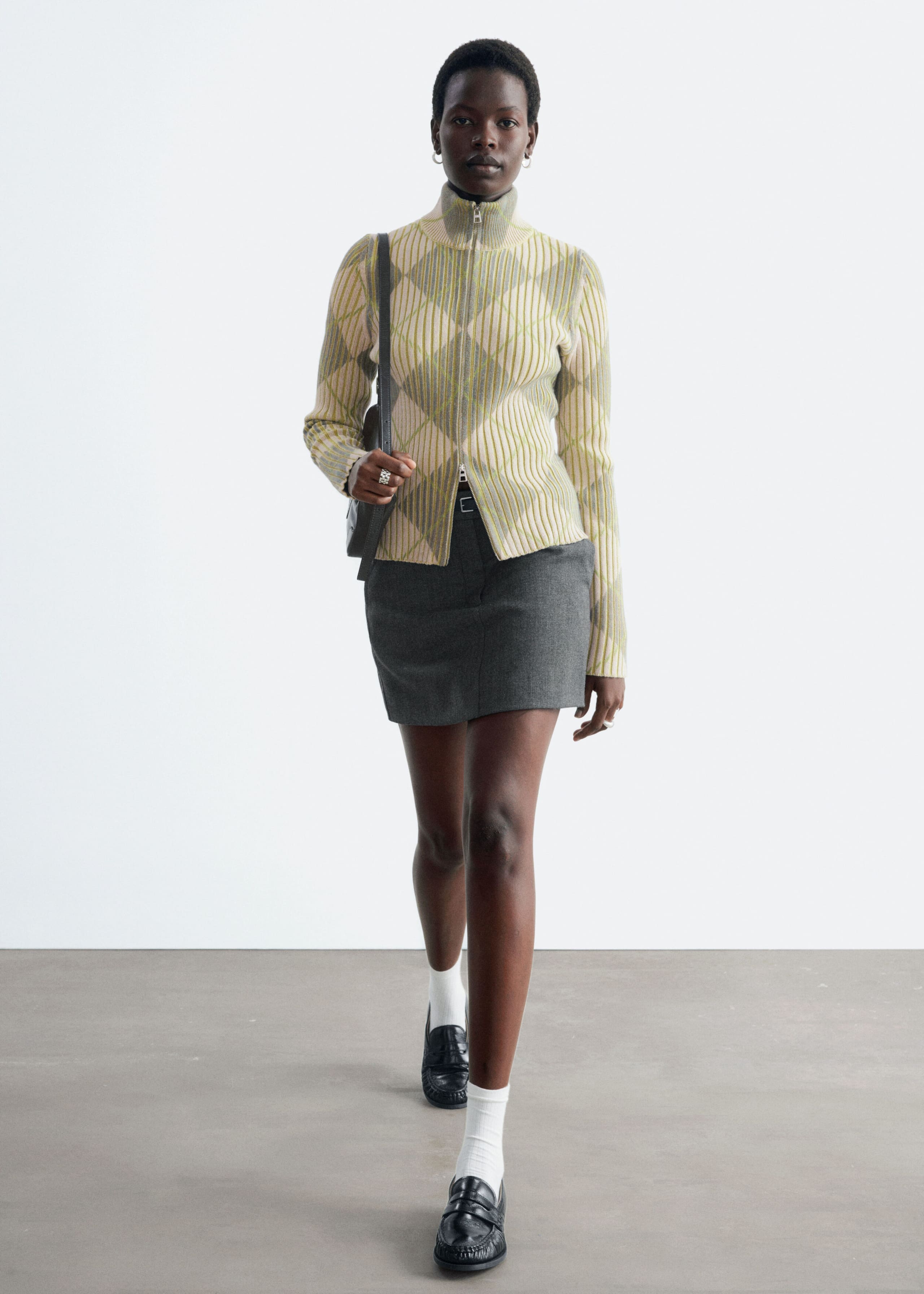 Wool-Cotton Zip Cardigan - Beige/Green/Checked - Lookbook