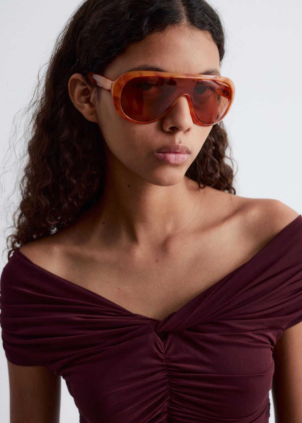 Image of Ruched V-neck Mesh Top
