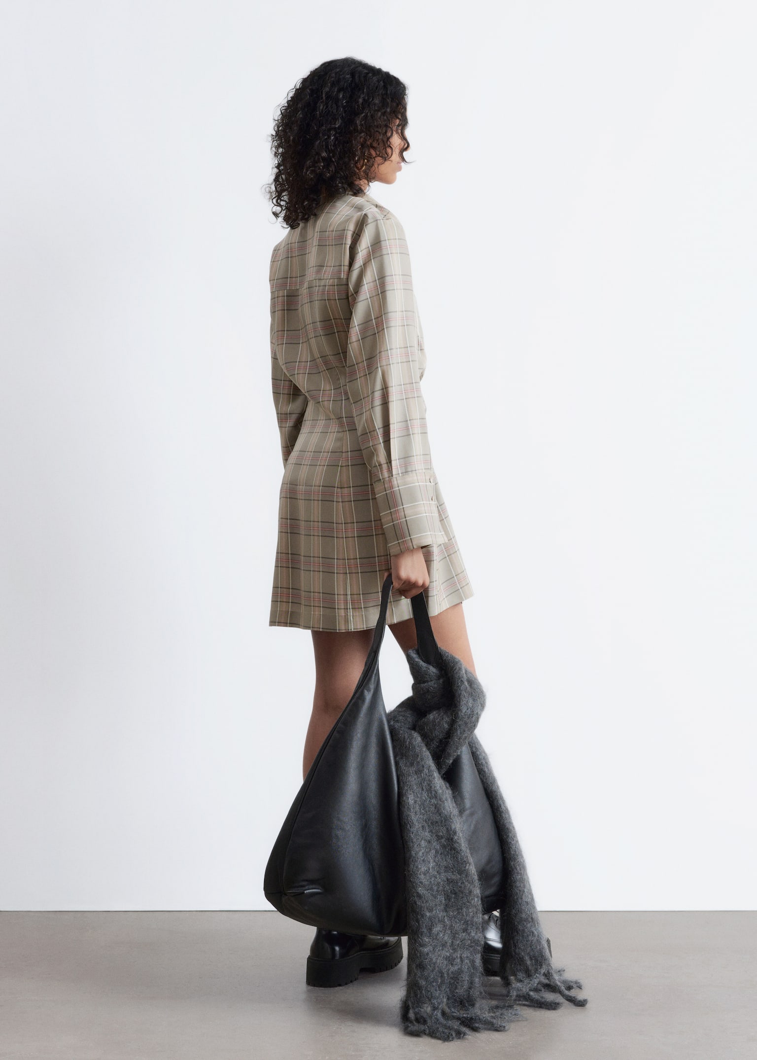 Wrap Shirt Mini Dress - Green/Beige Checked - 3