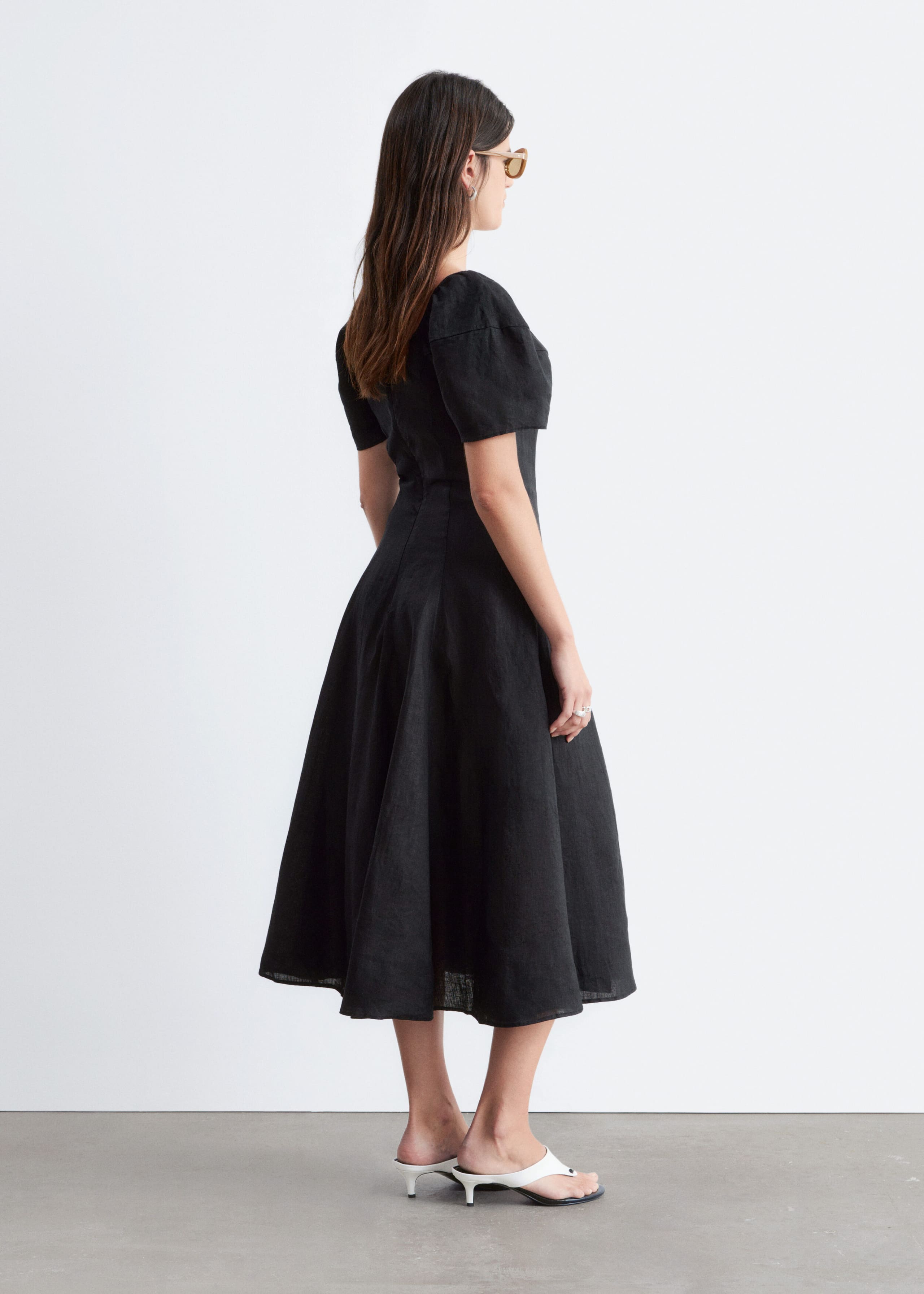 Flared Linen Midi Dress - Light Blue - Lookbook