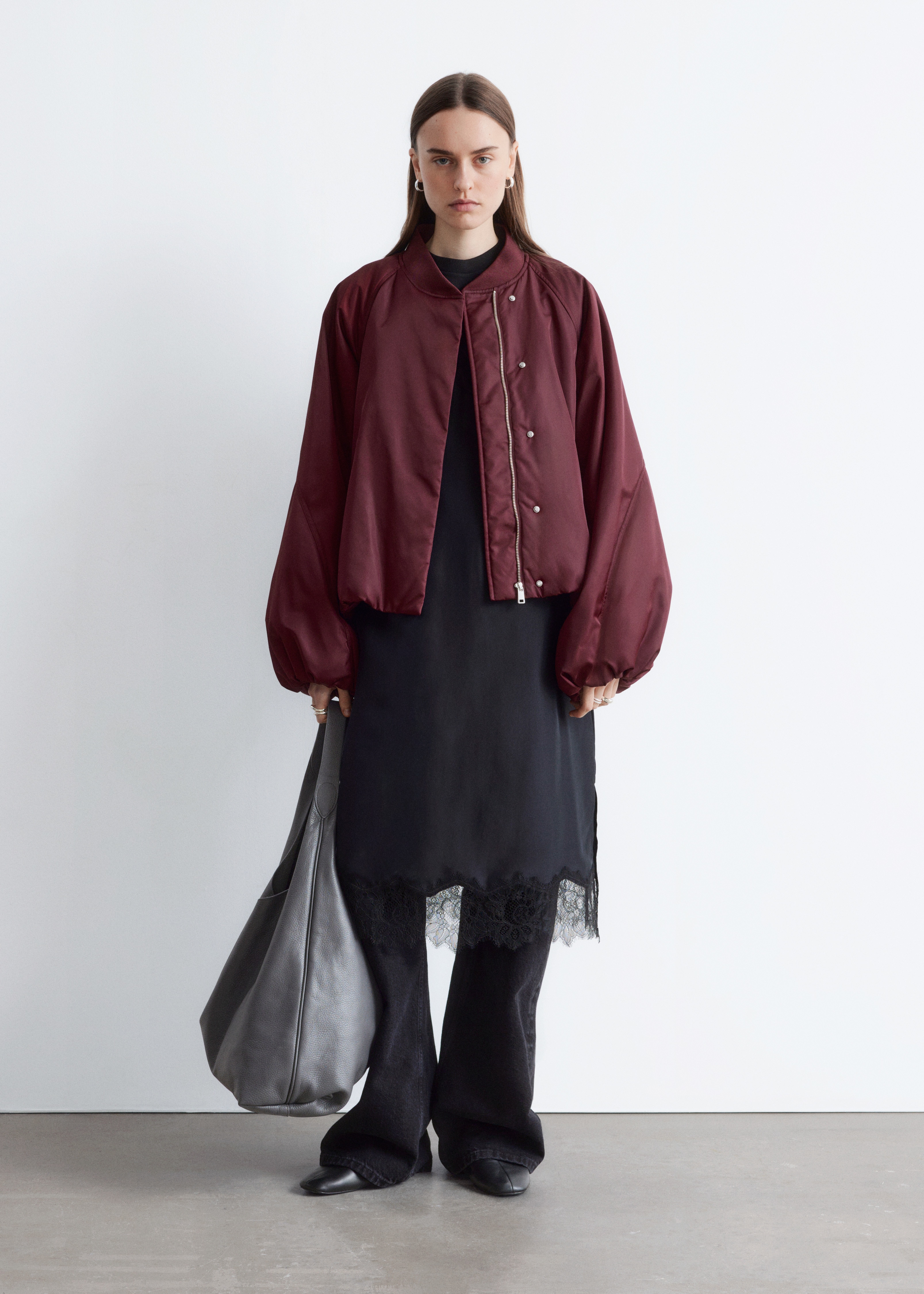 Voluminous-Sleeve Bomber Jacket - Dark Red/Black