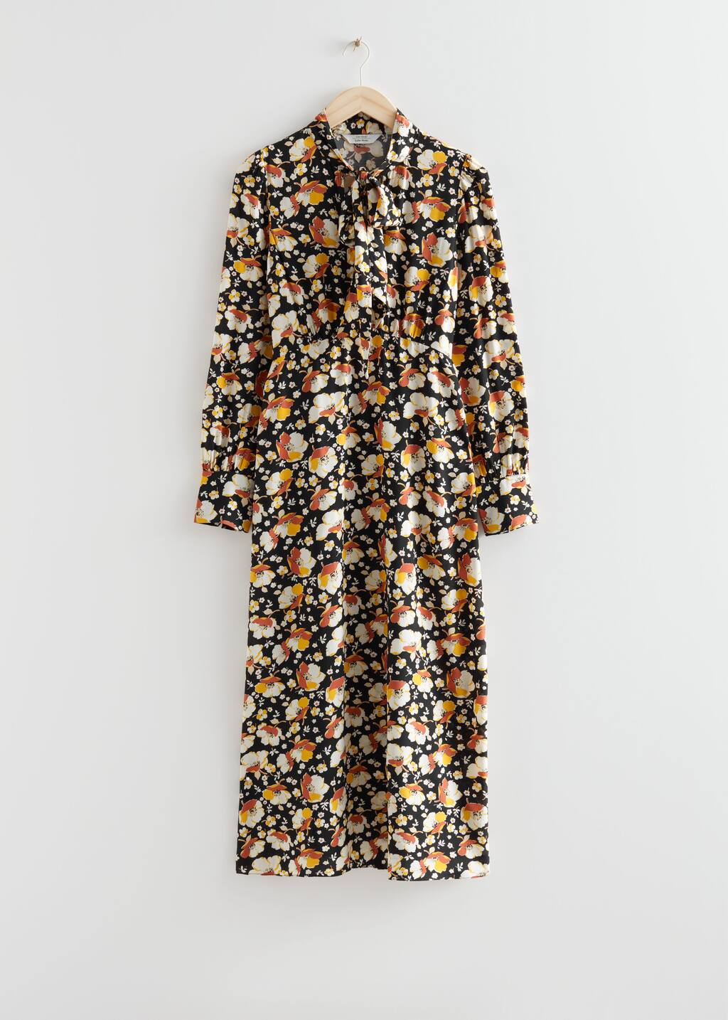 Robe midi en tissu imprimé avec cravate au col - Orange/Beige - Still Life
