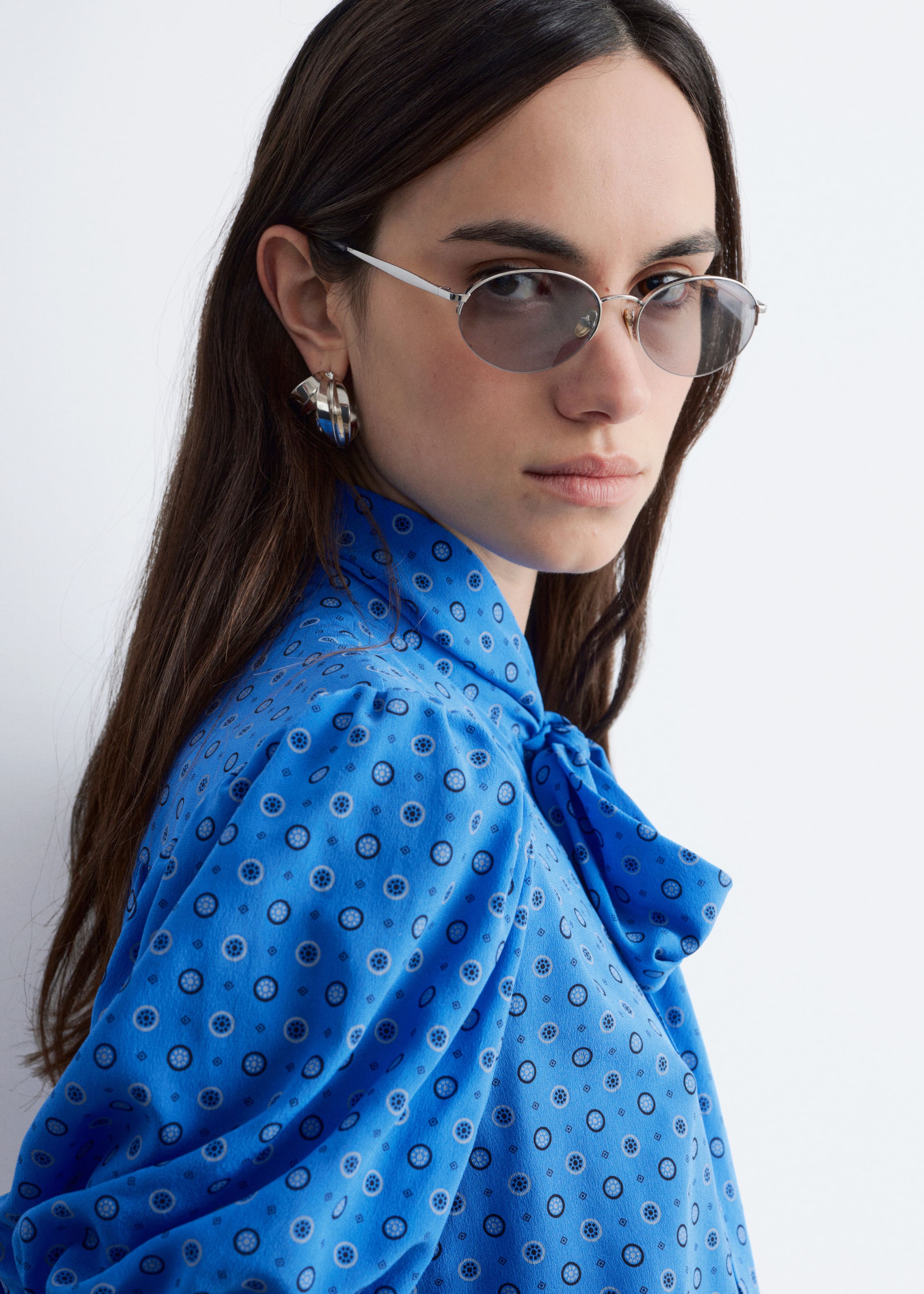 Image of Printed Tie-Neck Silk Blouse