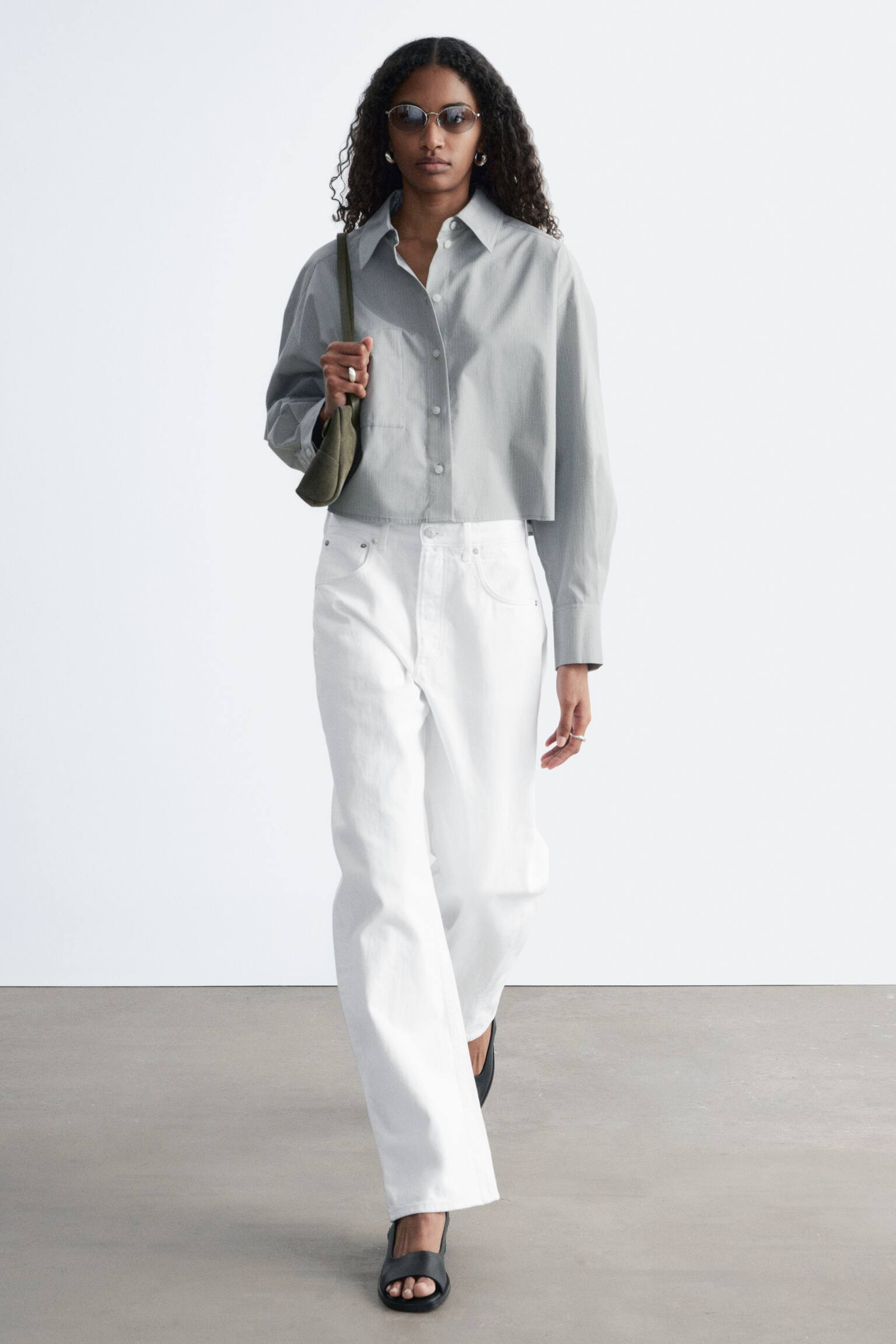 Skrátená oversized bavlnená košeľa-Béžové/modré pruhy - 5