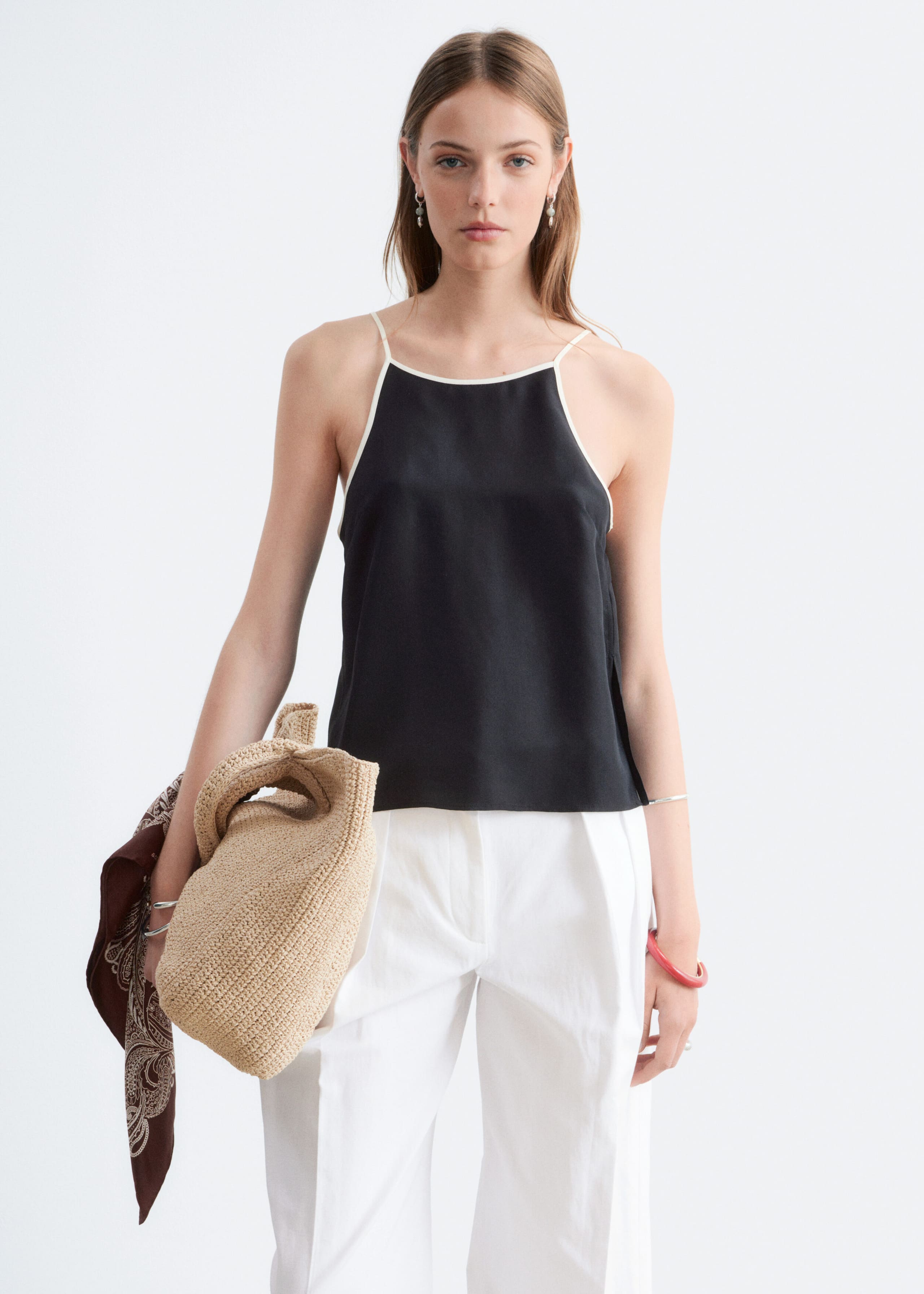 Image of Contrast Binding Silk Top