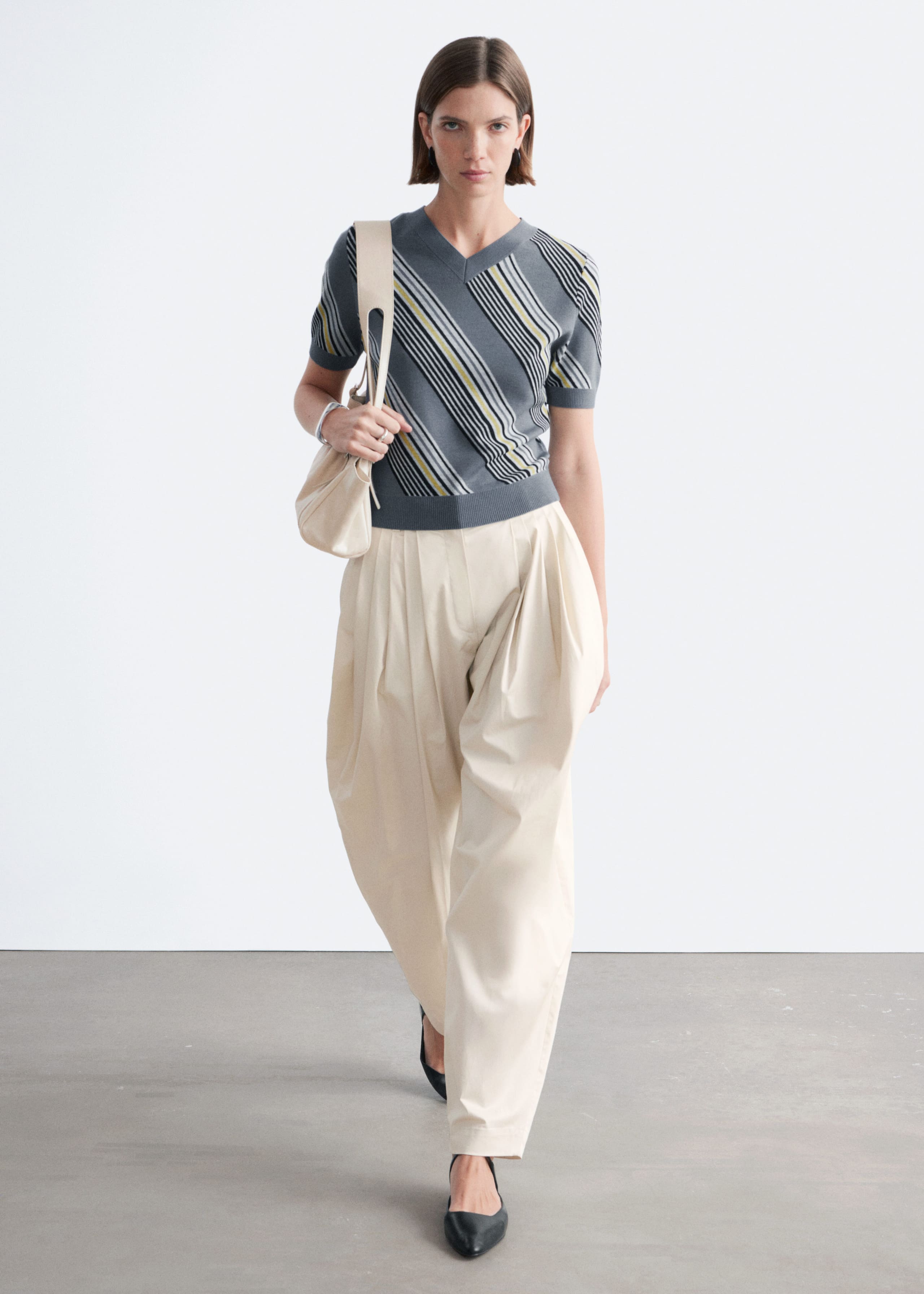 Image of Striped V-Neck Wool T-Shirt