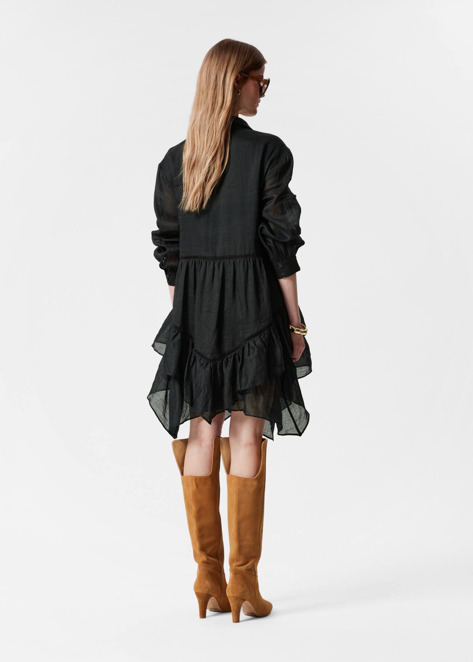 Robe courte à volants en ramie - Noir/Blanc - 5
