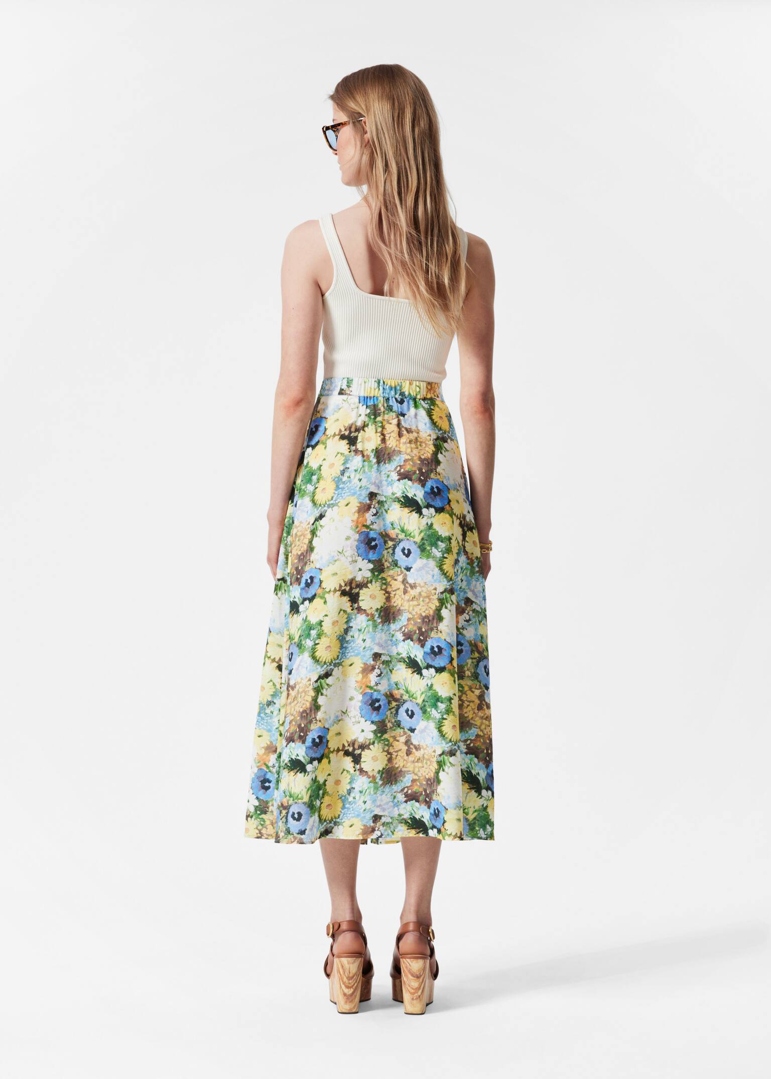 Jupe midi trapèze à boutons - Motif fleuri/Motif bleu marine/beige/Imprimé blanc - 5
