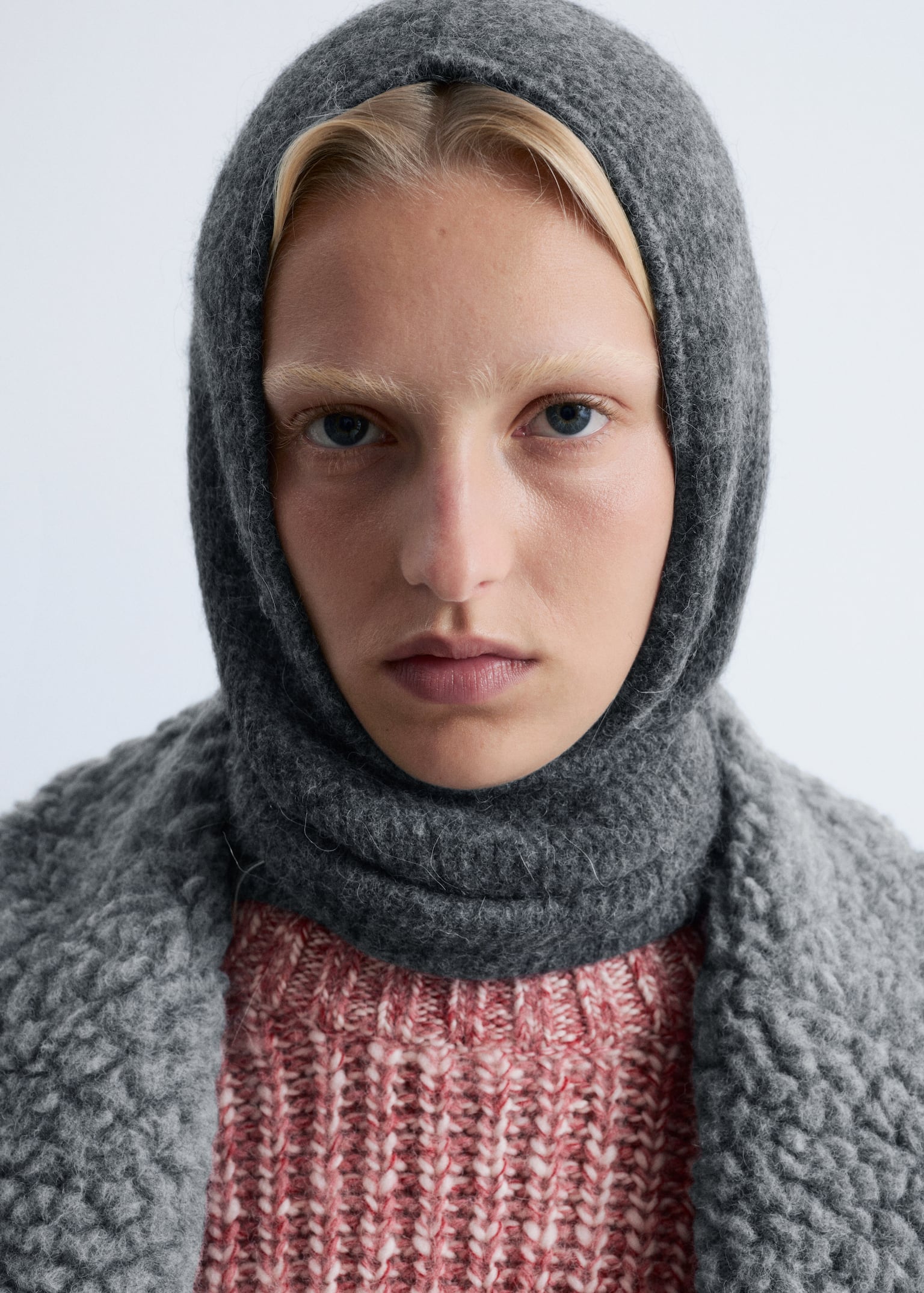 Alpaca-Blend Rib-Knit Hood Scarf - Grey Melange/Pink