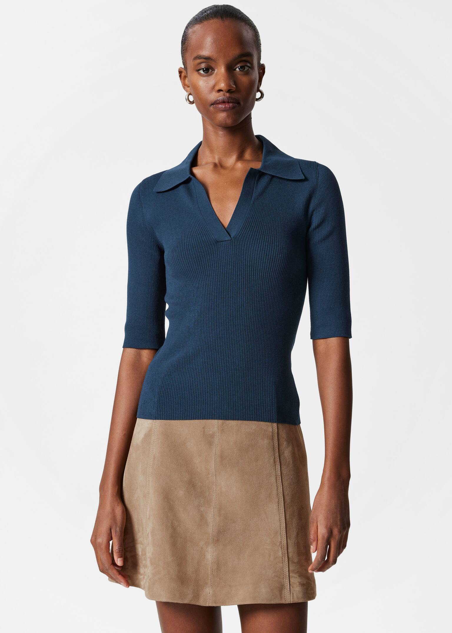 Collared Short-Sleeve Top - Dark Blue/Dark Pink/White