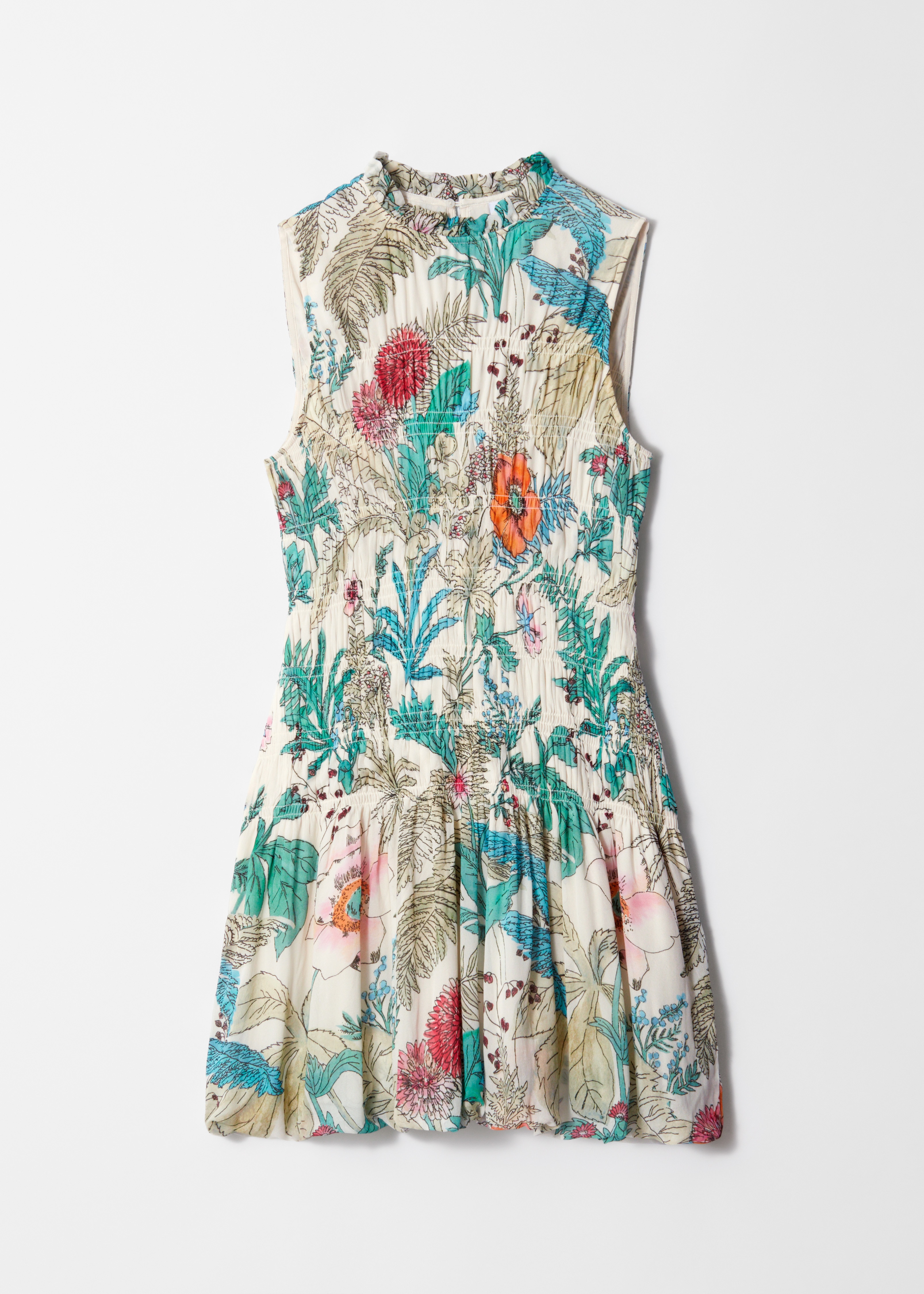 Smock Mini Šaty - Květinový vzor/Bílá/Žlutá