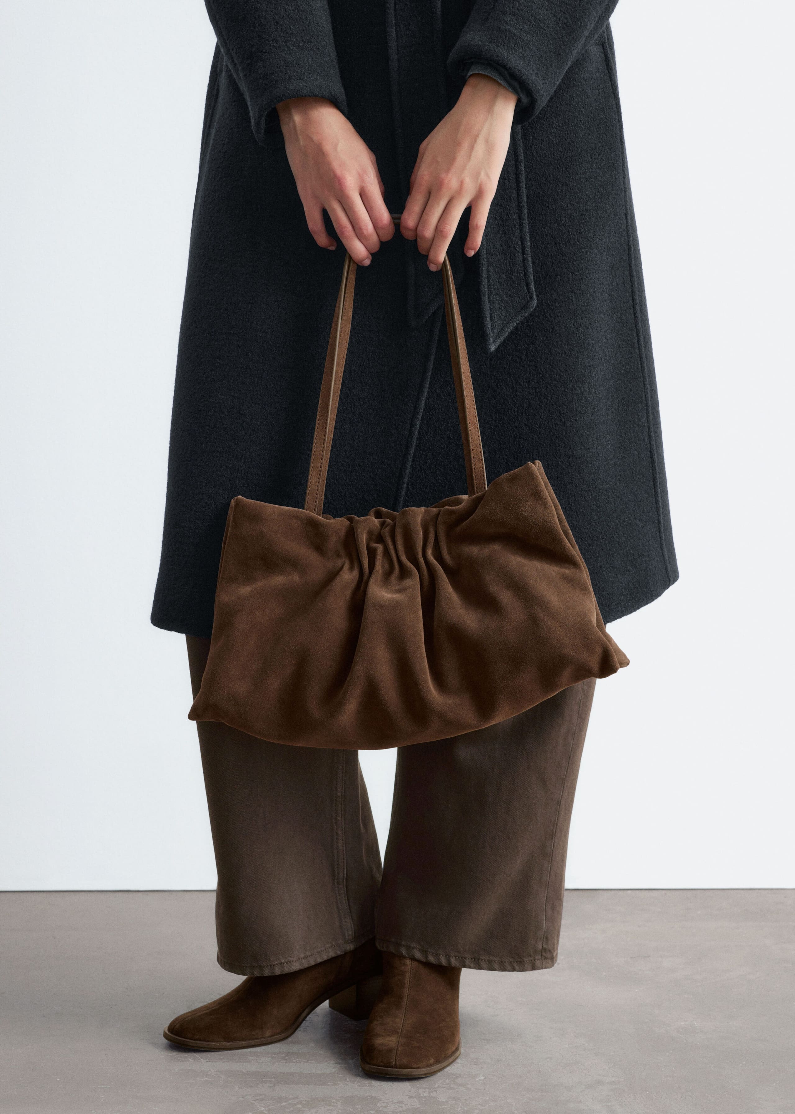 Ruched Leather Shoulder Bag - Brown - Lookbook