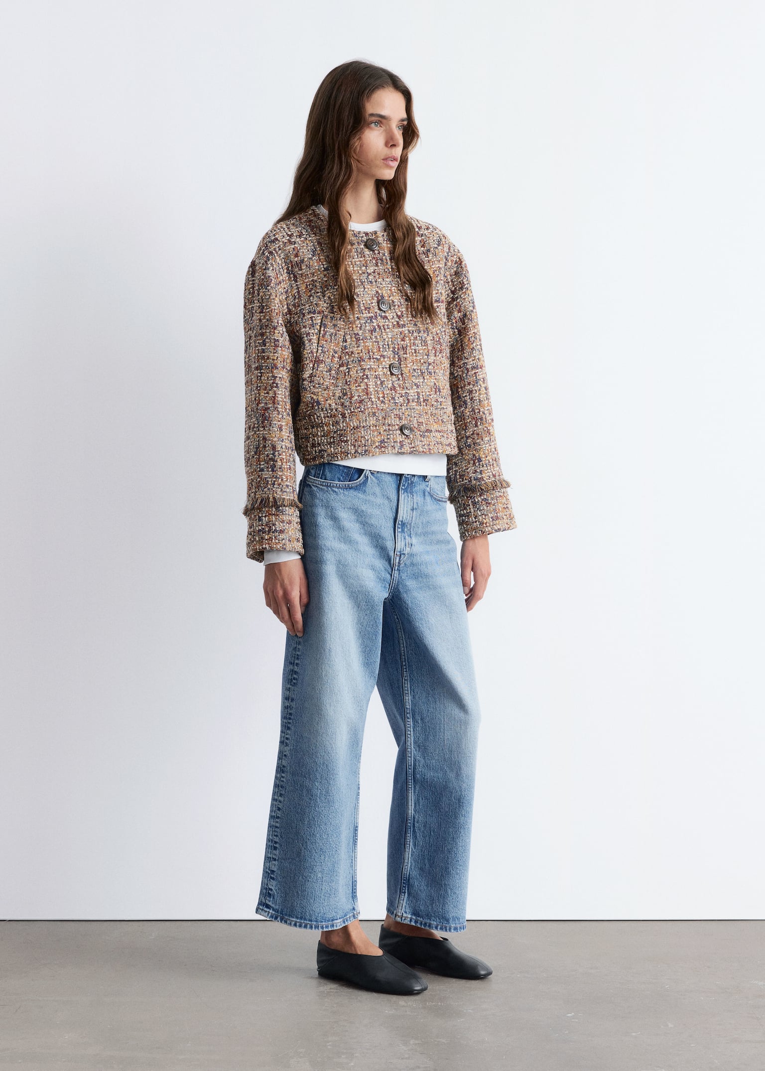 Cropped Bouclé Jacket - Melange Pattern - 6