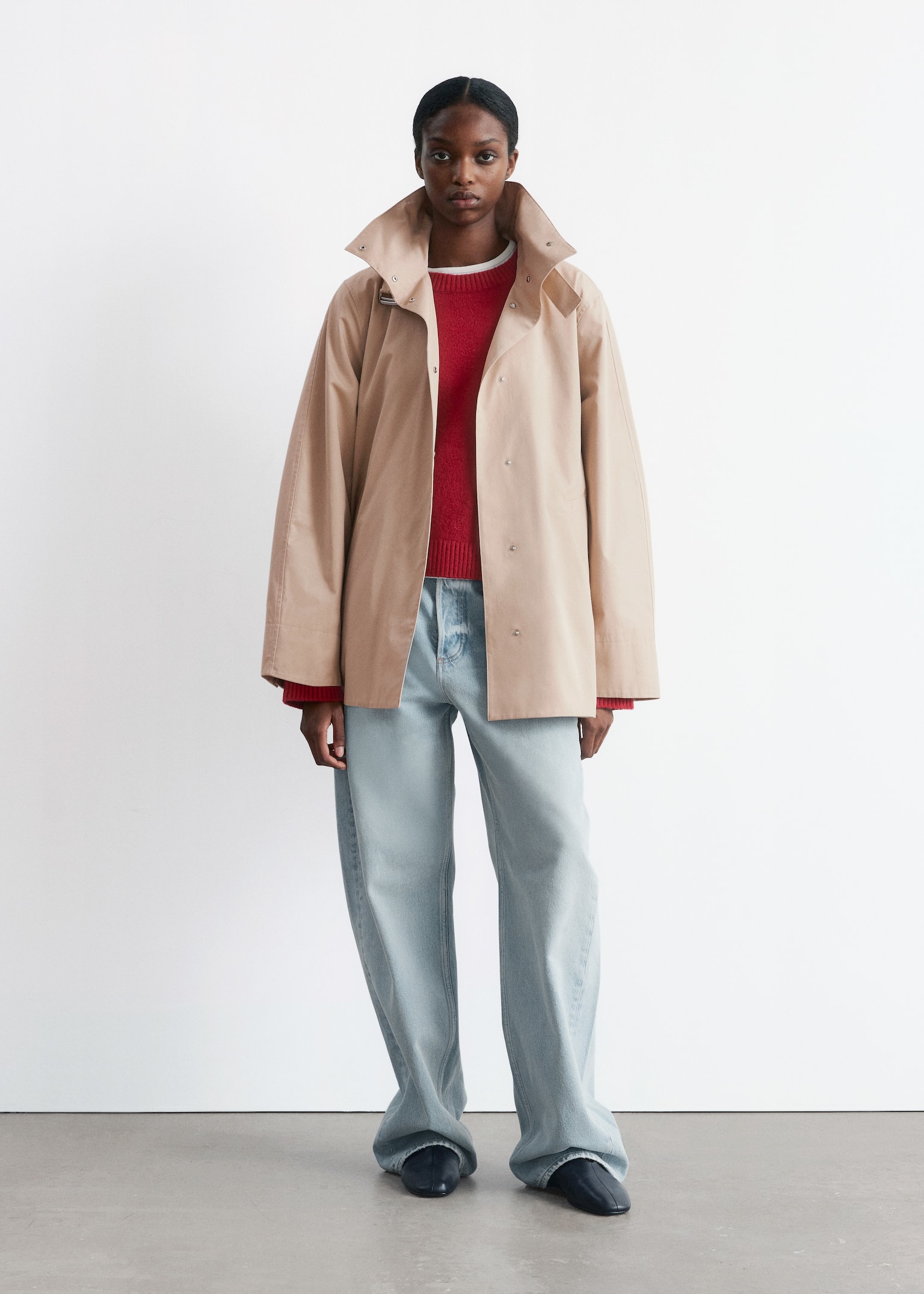 A-line Funnel-Neck Jacket - Beige/Khaki green/Dark blue
