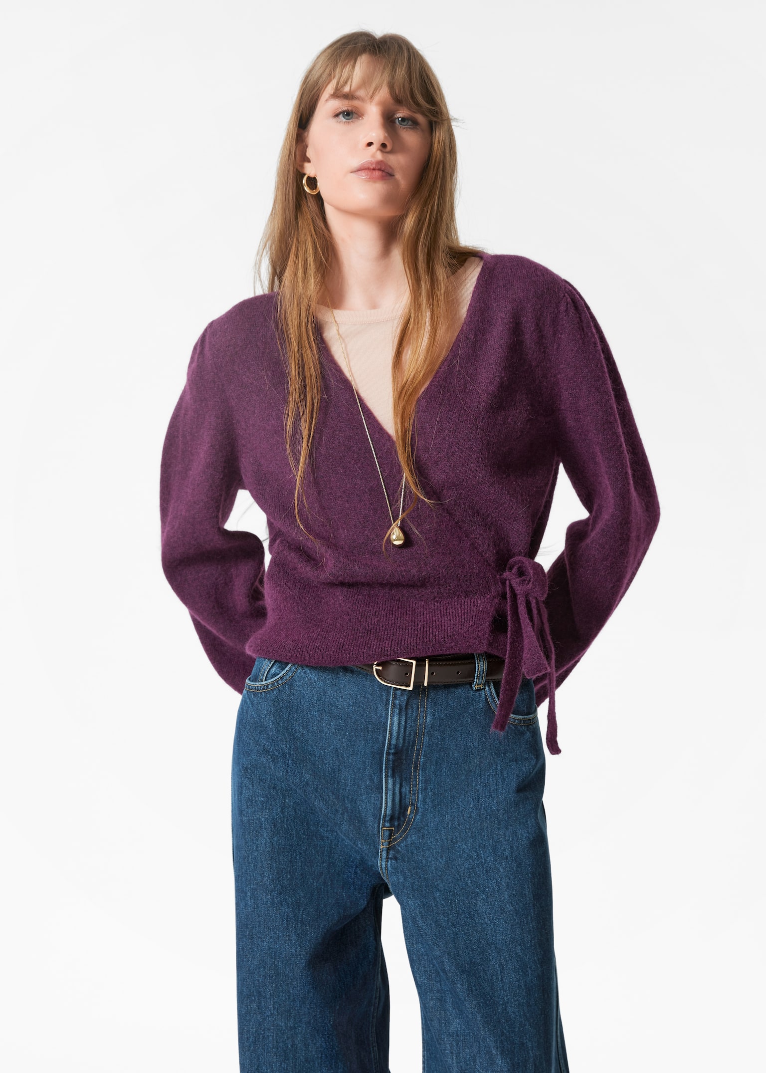 Mohair-Blend Knitted Wrap Cardigan - Plum/Beige/Petrol Blue/Dusty Pink/Beige