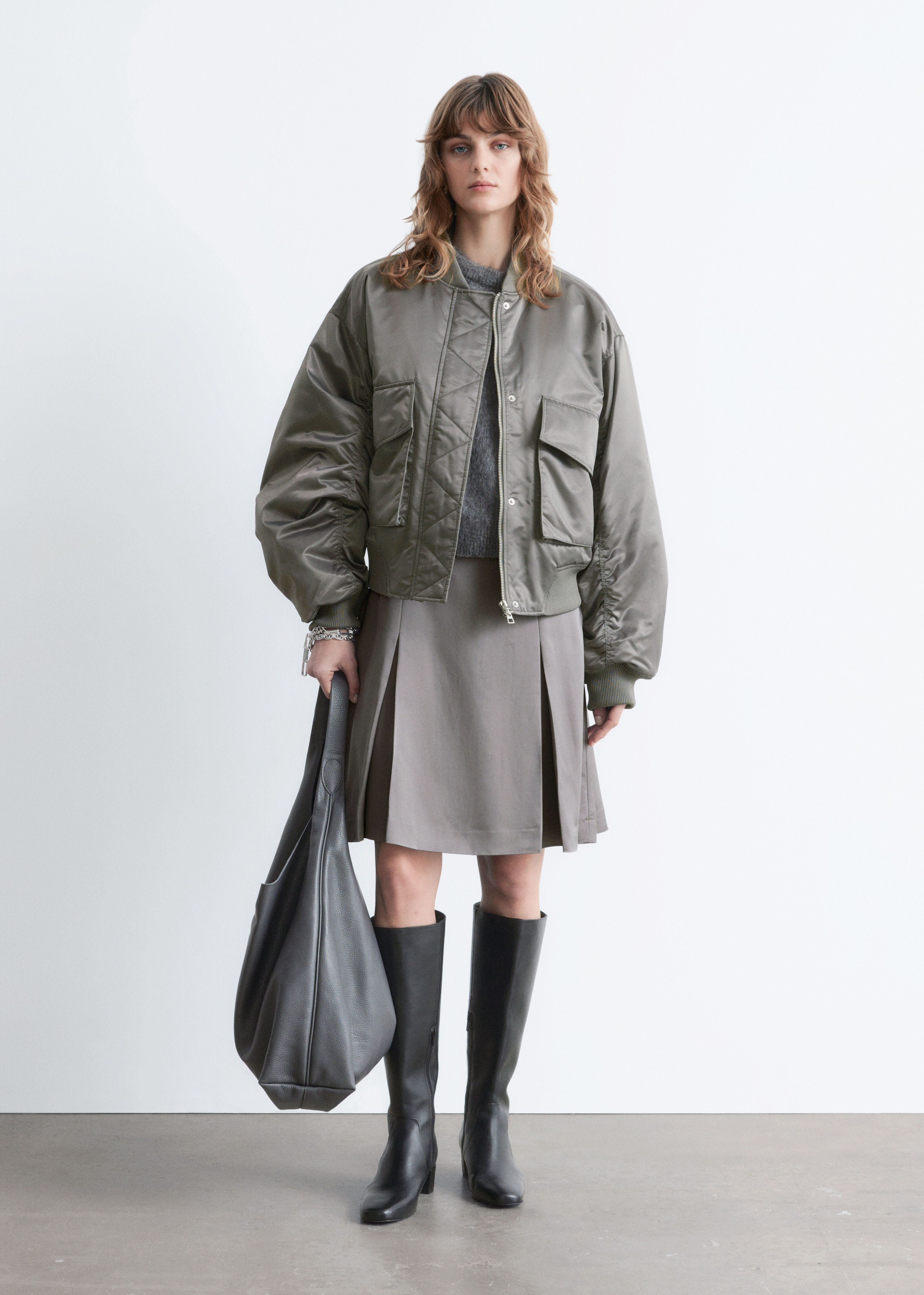 Padded Bomber Jacket - Dark grey/Μπεζ