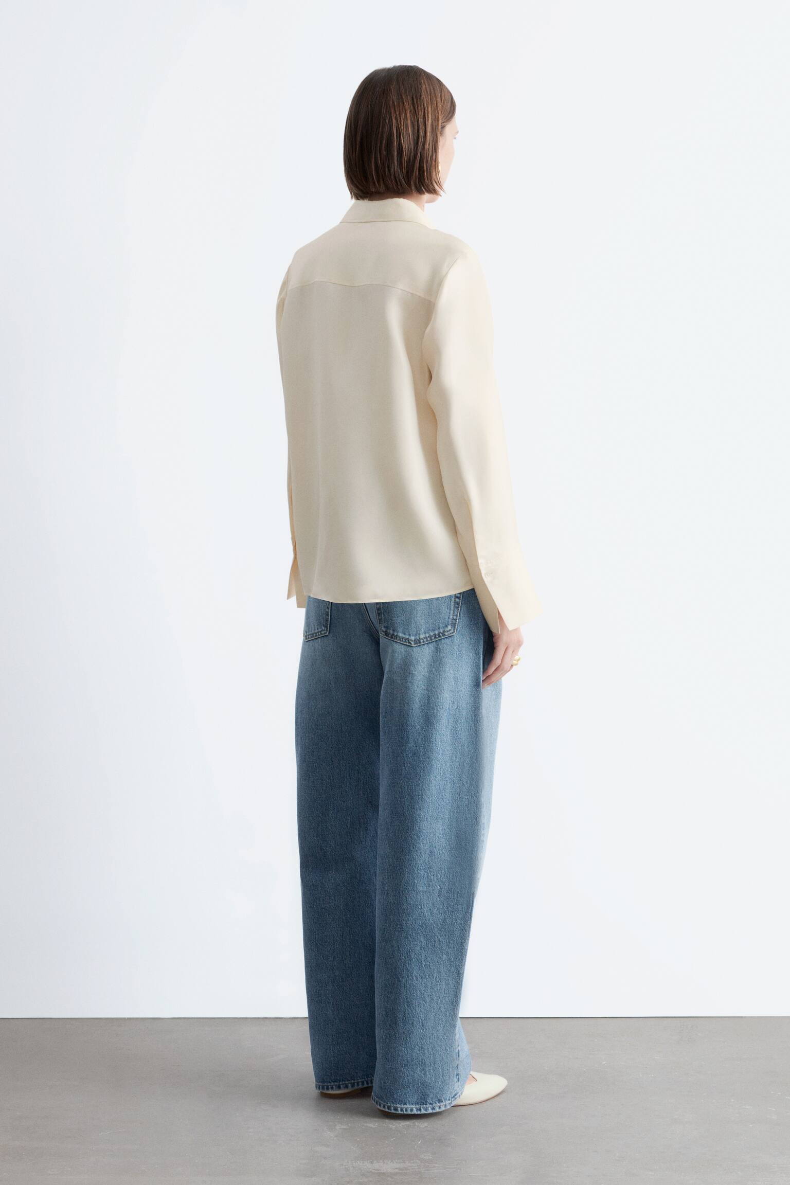 Ruimvallend zijden overhemd - Crème/Donkerblauw - 7