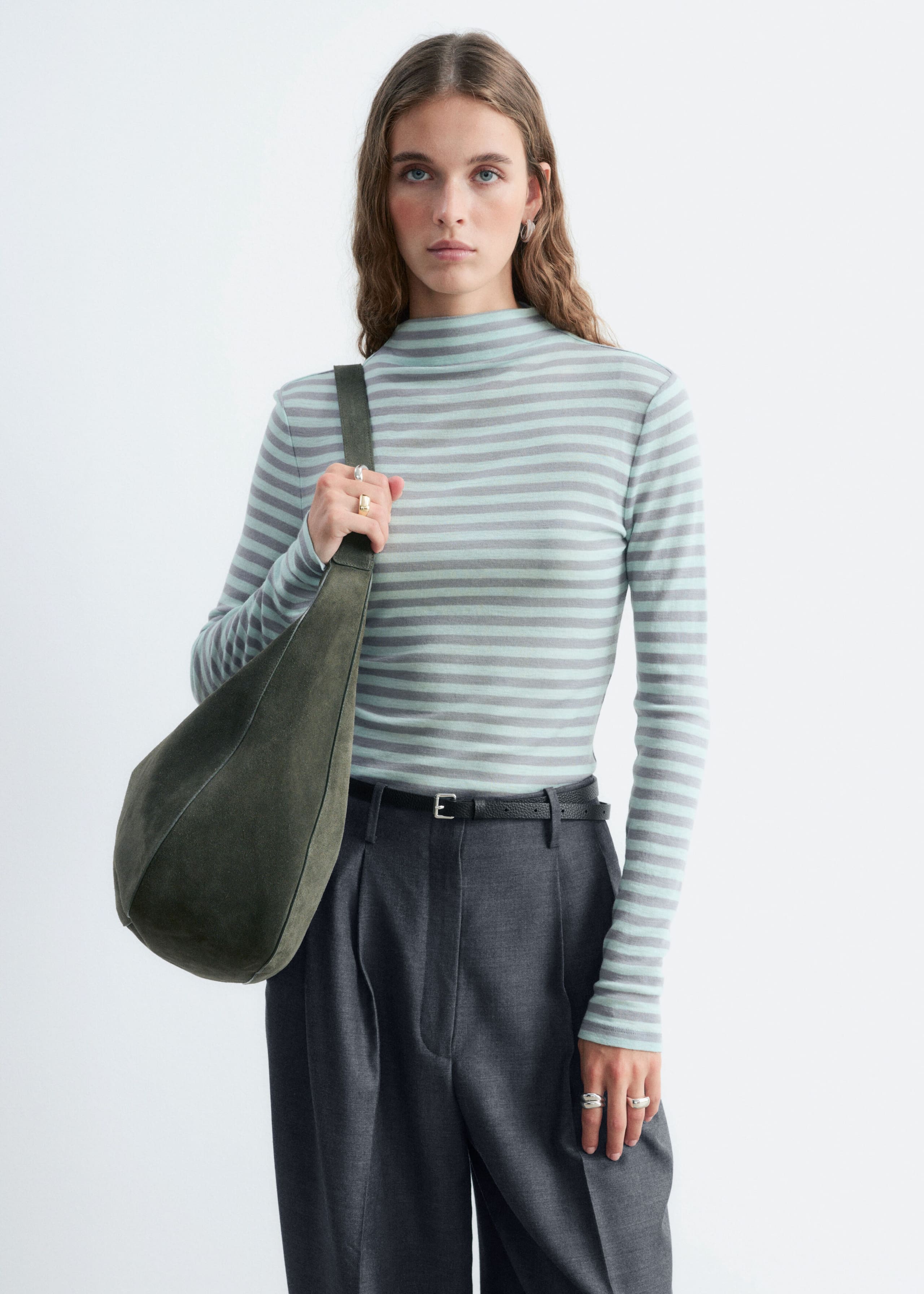 Wool Mock-Neck Top - Mint/Striped - Lookbook
